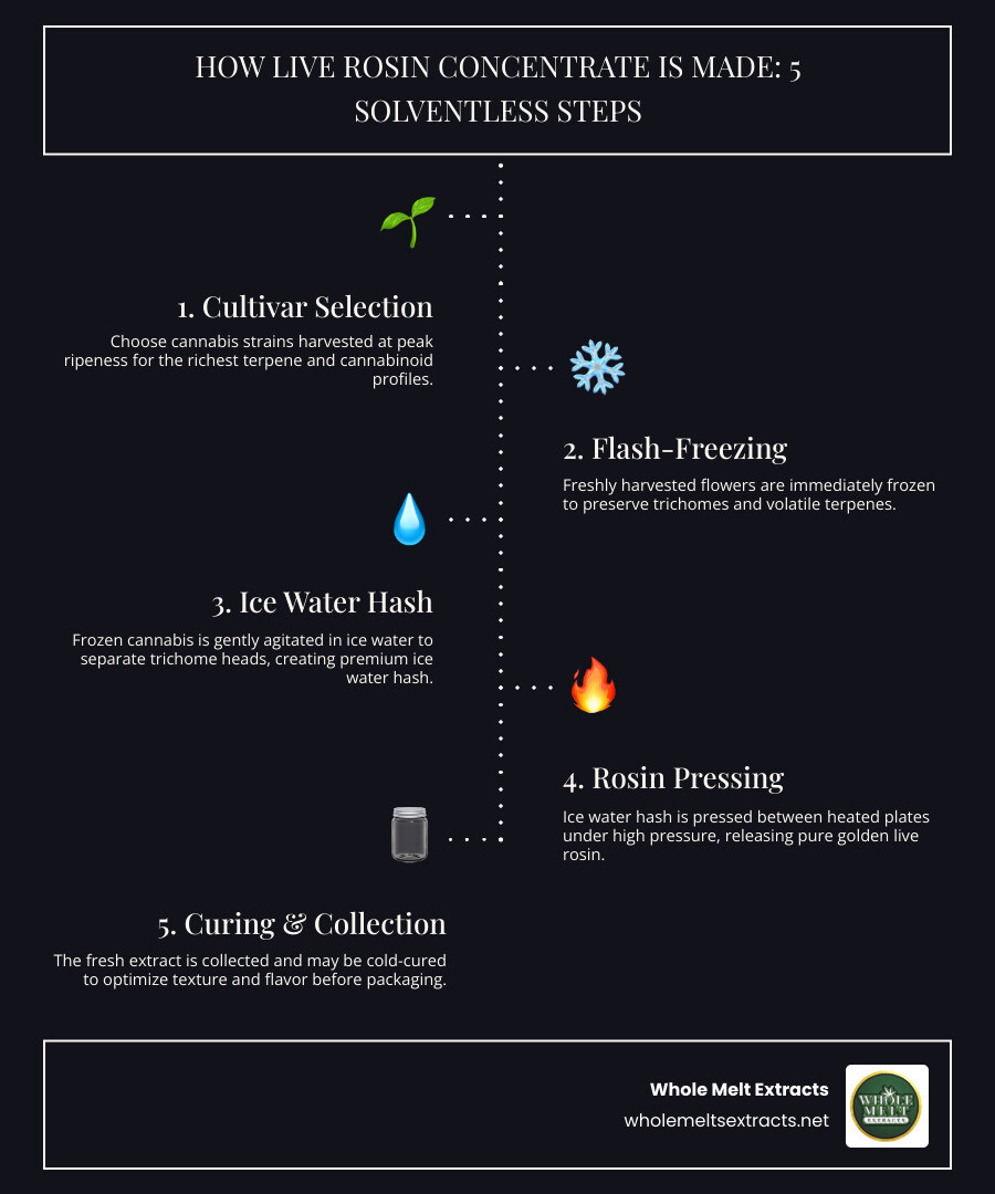 Comparison of live rosin production process showing fresh cannabis being flash-frozen, processed into bubble hash with ice water, then pressed with heat and pressure to create golden rosin extract, with no chemical solvents used at any stage - live rosin concentrate infographic infographic-line-5-steps-dark
