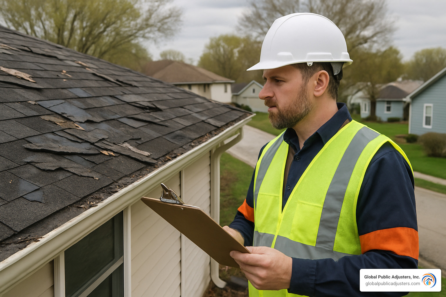 Insurance adjuster inspecting a storm-damaged roof - insurance adjusters near me