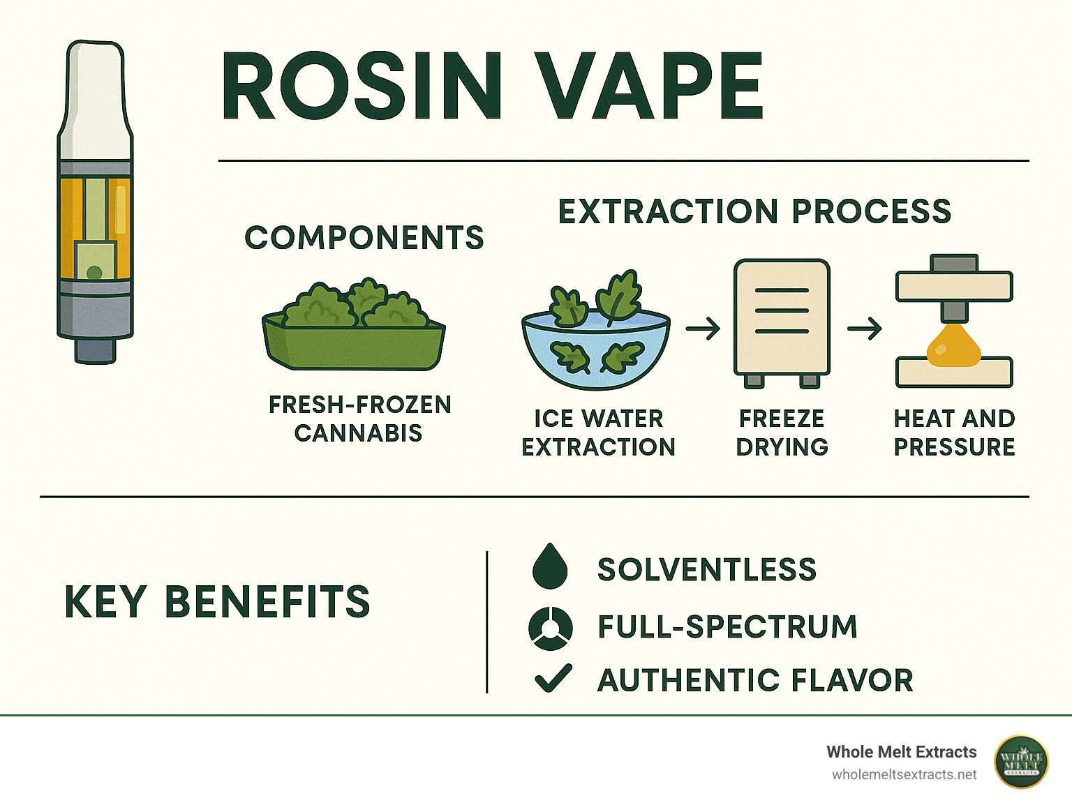 Detailed infographic showing rosin vape components, extraction process steps (fresh-frozen cannabis > ice water extraction > freeze drying > heat and pressure application), and key benefits (solventless, full-spectrum, authentic flavor) - rosin vape infographic 