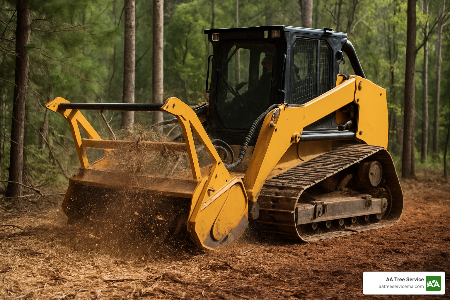 Forestry mulcher converting trees and brush into ground cover - land clearing company near me