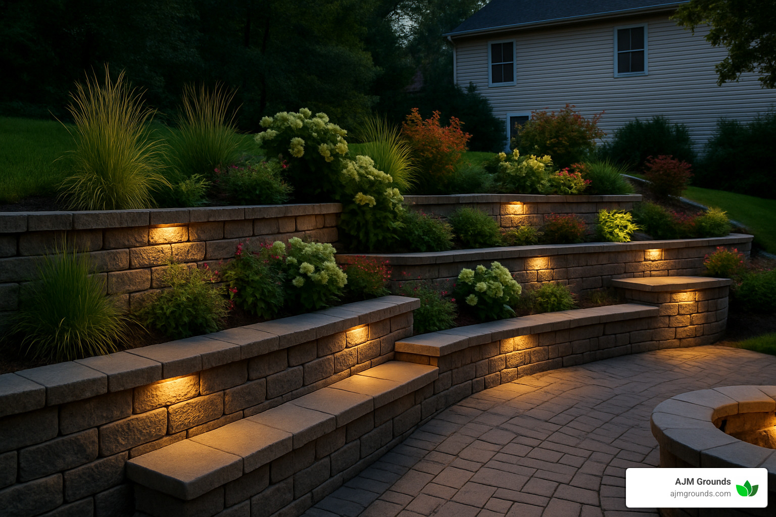 Multi-tiered retaining wall with built-in seating and lighting - block wall retaining wall