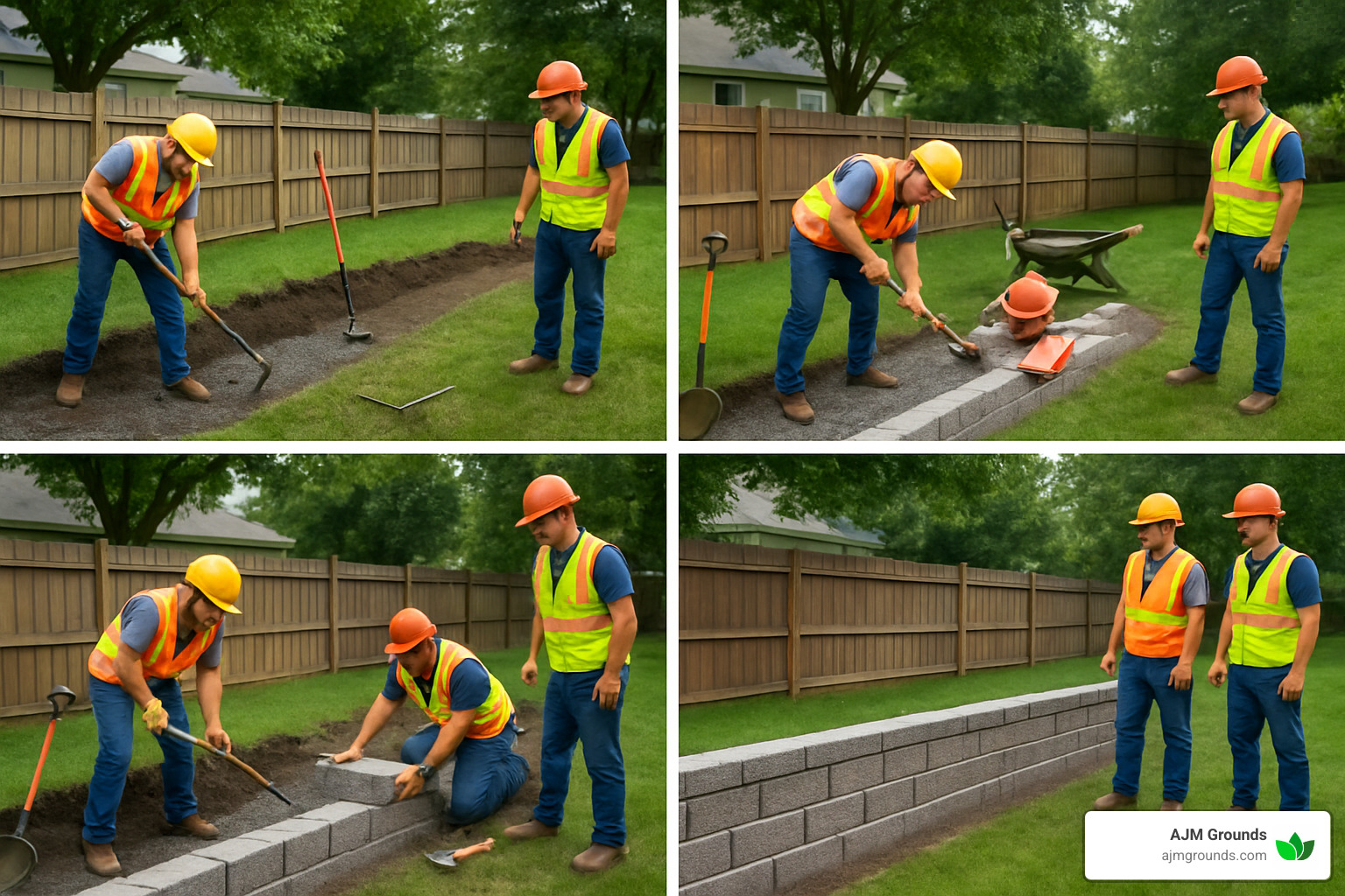 Sequence showing retaining wall construction from excavation to finished wall - block wall retaining wall