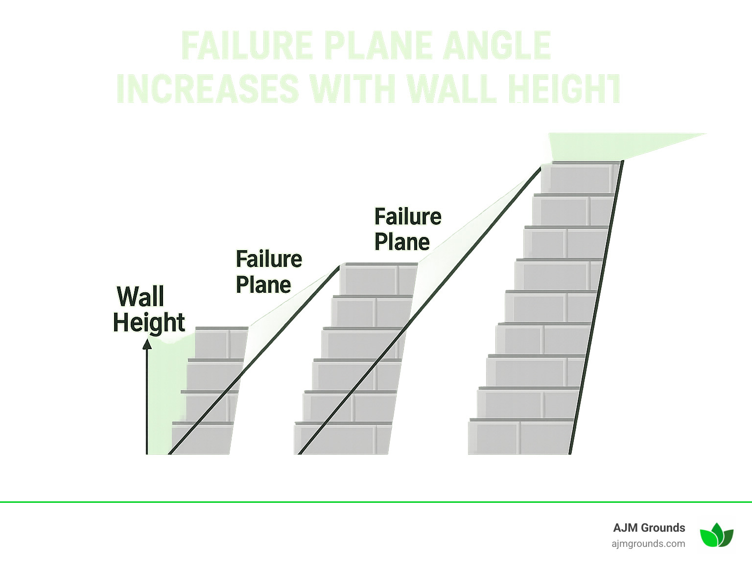Infographic showing how failure plane angle increases with wall height - block wall retaining wall infographic 