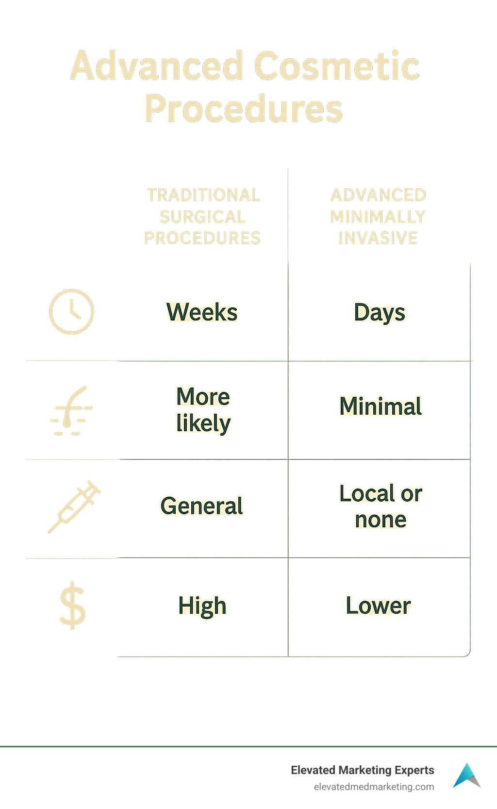 Comparison table showing traditional surgical procedures versus advanced minimally invasive alternatives, including recovery time, scarring, anesthesia requirements, and cost factors - advanced cosmetic procedures infographic