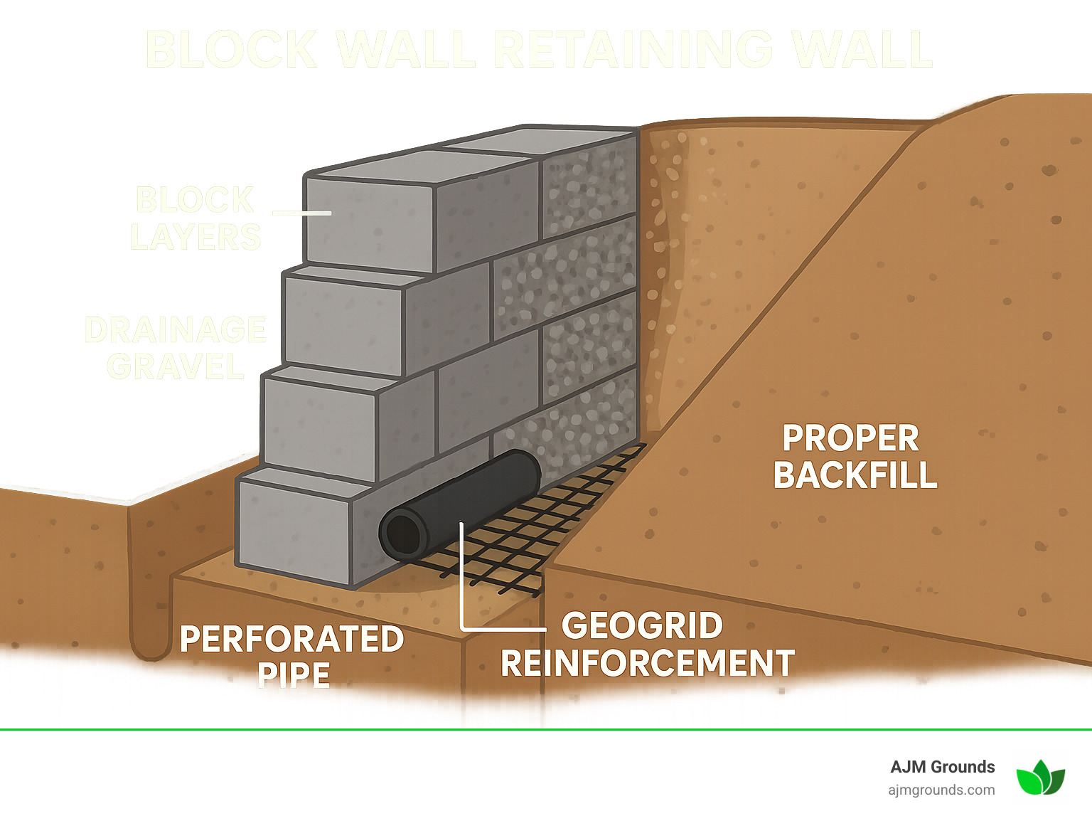 Diagram showing retaining wall components including block layers, drainage gravel, perforated pipe, geogrid reinforcement, and proper backfill with labels for each element - block wall retaining wall infographic 