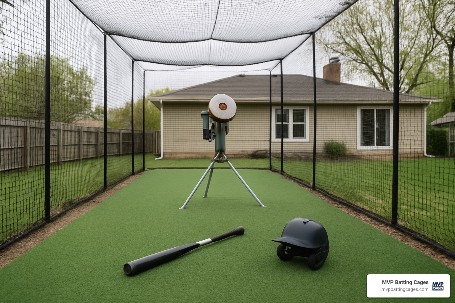 Pitching machine setup in a home batting cage - home batting cages