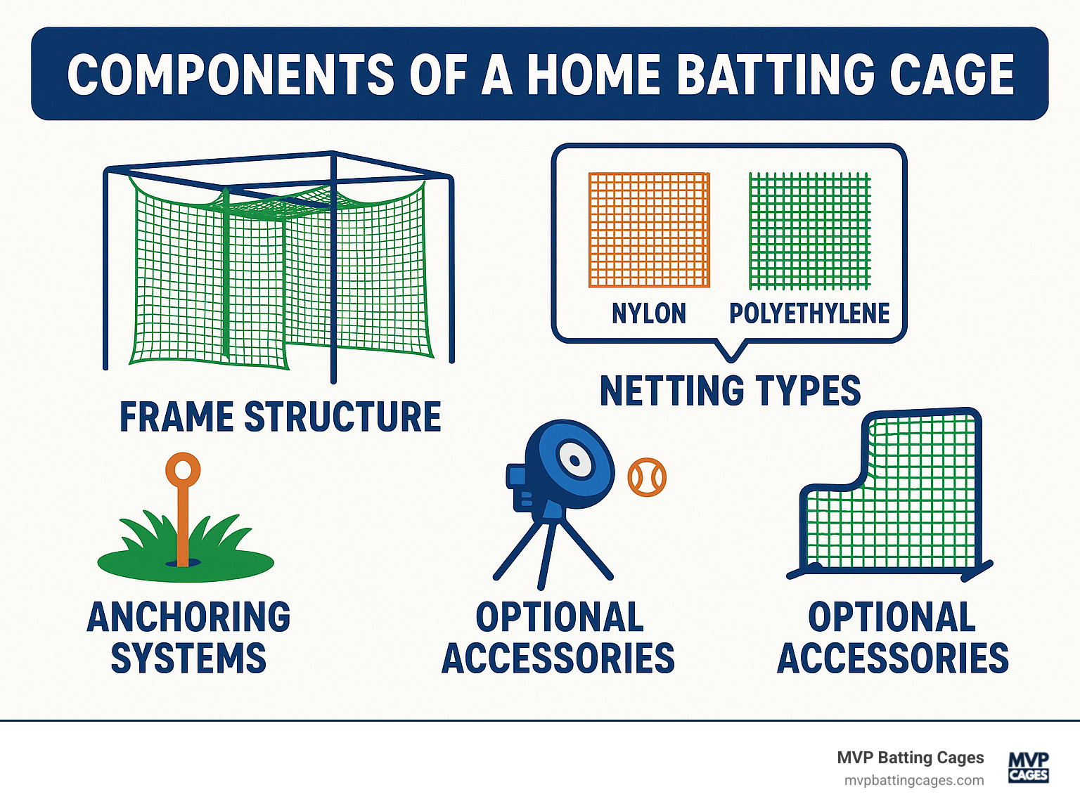 Components of a home batting cage showing frame structure, netting types, anchoring systems, and optional accessories like pitching machines and protective screens - home batting cages infographic 