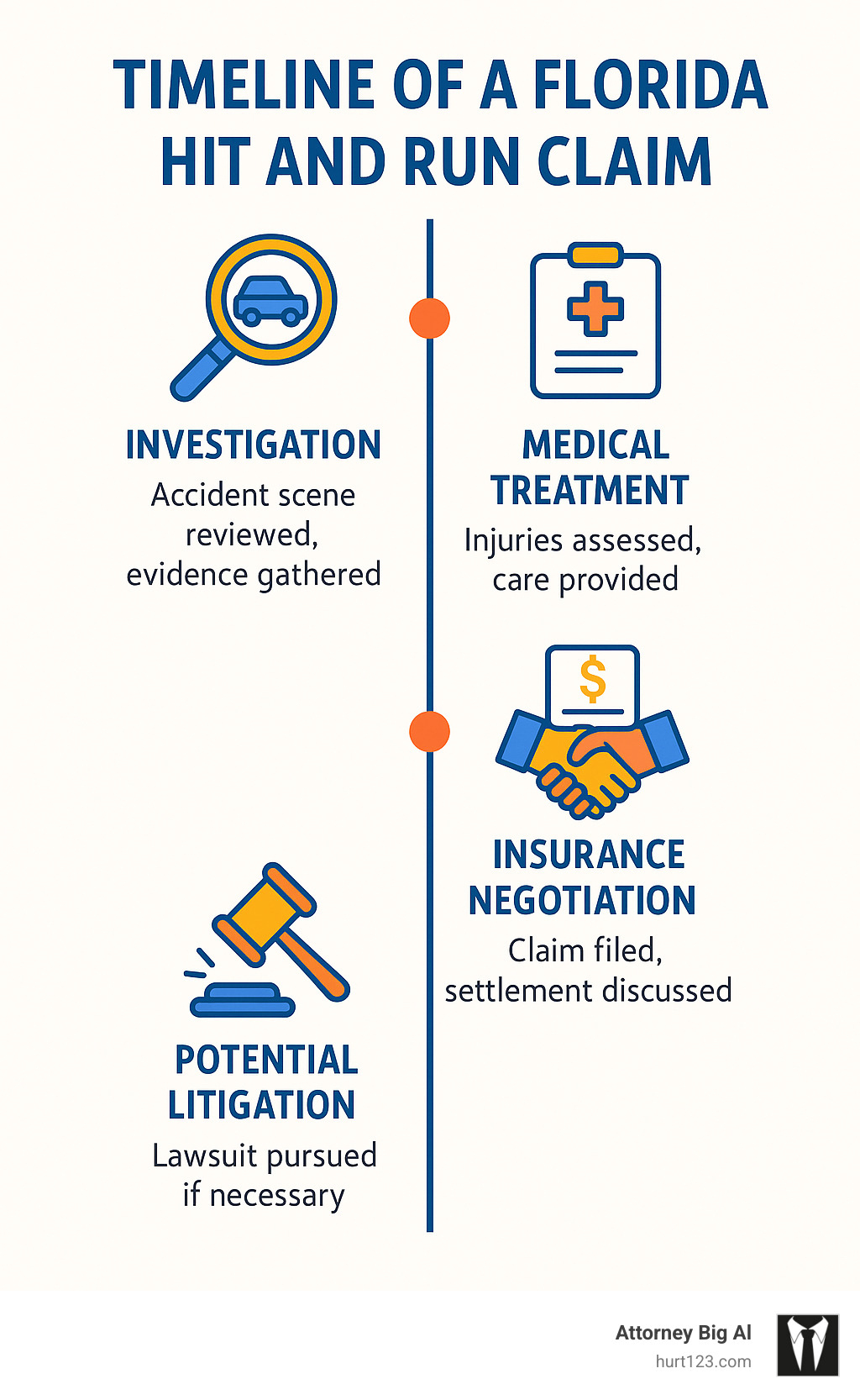 Timeline of a Florida hit and run claim showing investigation, medical treatment, insurance negotiation, and potential litigation phases - Florida hit and run lawyer infographic 