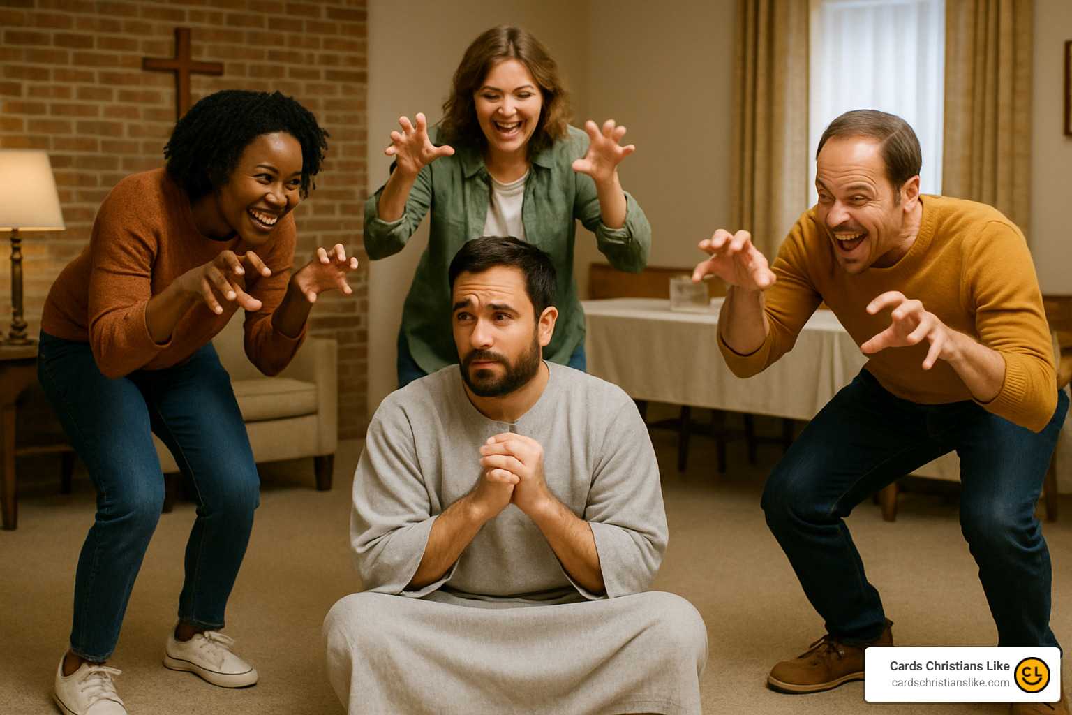 Team acting out Daniel in the Lions' Den during Bible Charades - christian adult party games