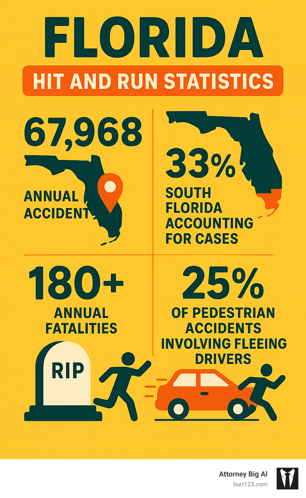 Florida hit and run statistics showing 67,968 annual accidents, South Florida accounting for 33% of cases, 180+ annual fatalities, and 25% of pedestrian accidents involving fleeing drivers - Florida hit and run lawyer infographic 