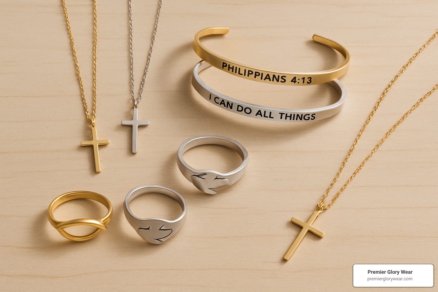 Faith-based accessories arranged in a flatlay showing cross necklaces, scripture bracelets, and Christian symbol rings - Faith-Based Accessories