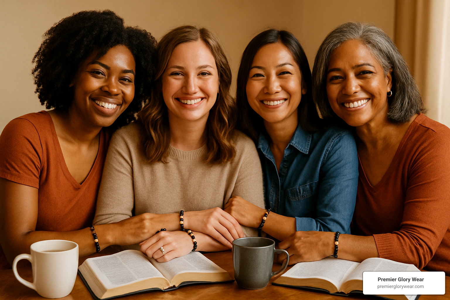 Group of diverse women wearing matching faith bracelets at a Bible study - Faith-Based Accessories