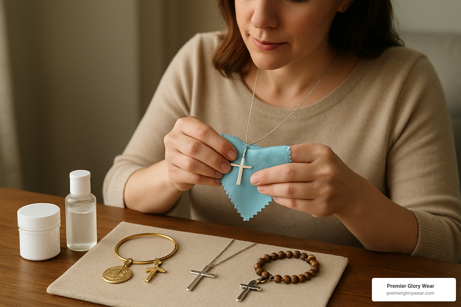 Woman cleaning and caring for her faith-based jewelry collection - Faith-Based Accessories