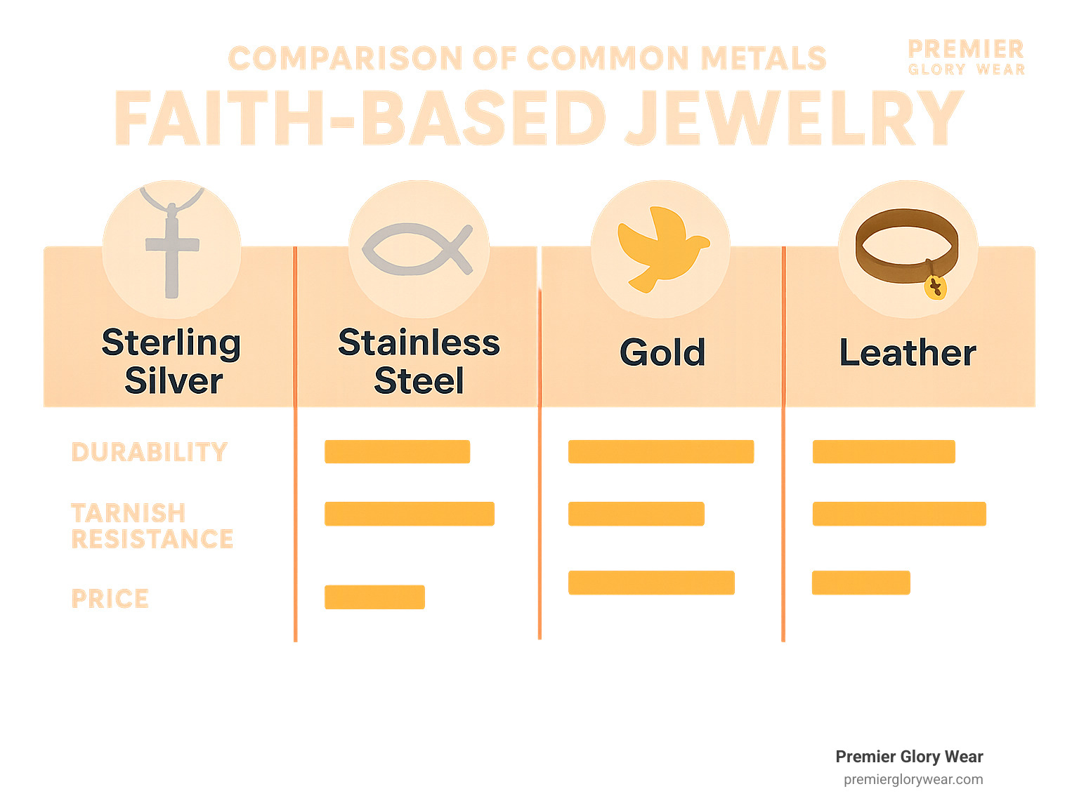 Comparison of common metals used in faith-based jewelry showing durability, tarnish resistance, and price points - Faith-Based Accessories infographic