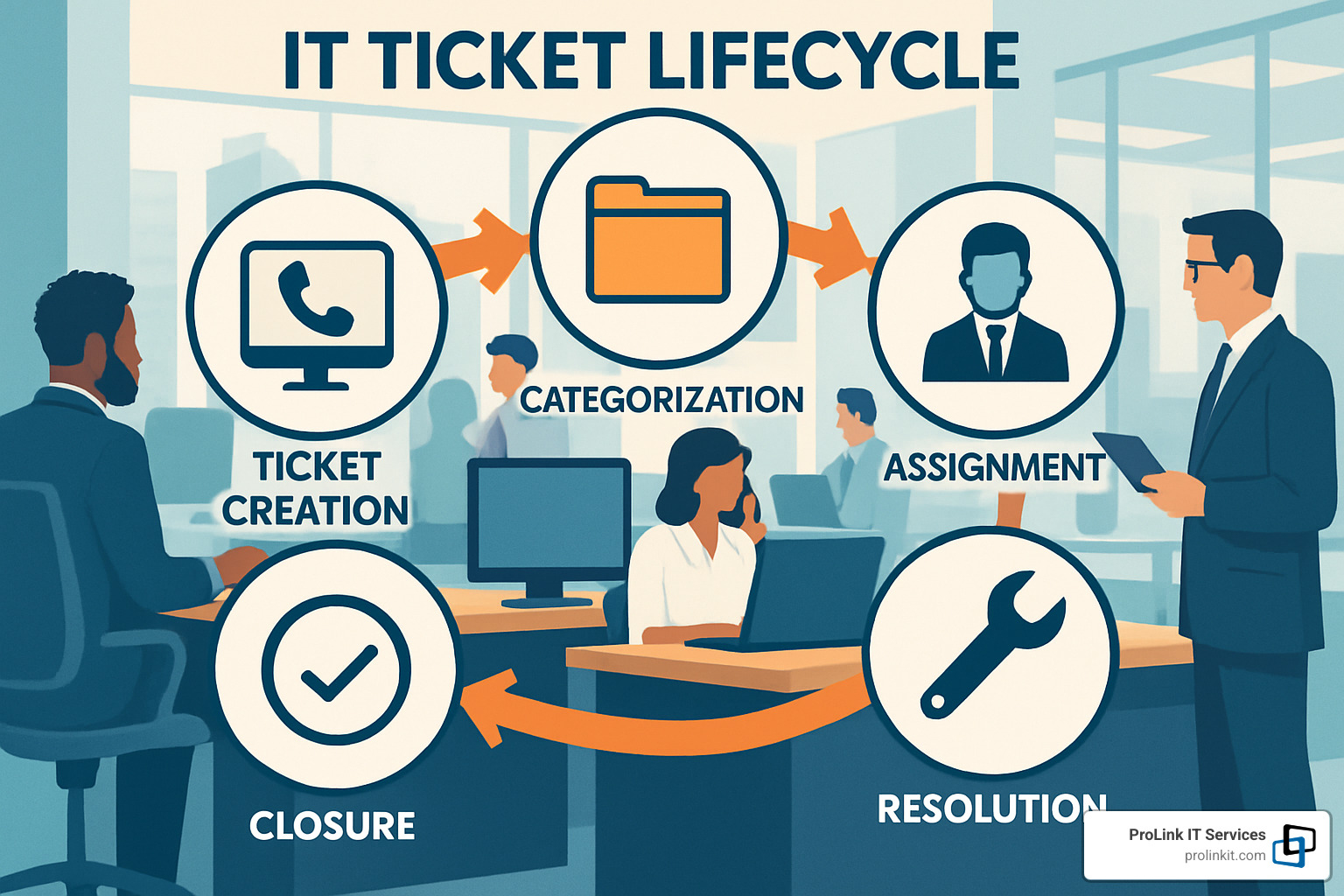 Ticket lifecycle showing creation, categorization, assignment, resolution and closure - IT service desk support