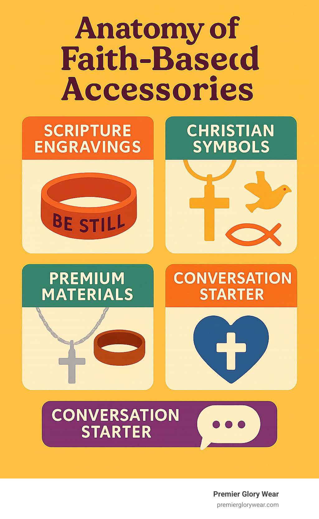 Anatomy of faith-based accessories showing common features including scripture engravings, Christian symbols like the cross, fish and dove, premium materials like sterling silver and quality leather, charitable impact information, and conversation starter elements - Faith-Based Accessories infographic