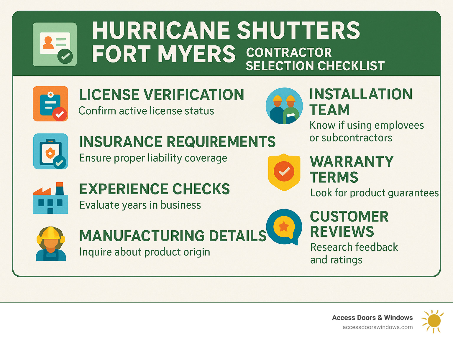 Hurricane shutter contractor selection checklist showing license verification, insurance requirements, experience checks, manufacturing details, installation team composition, warranty terms, and customer review considerations - hurricane shutters fort myers infographic 
