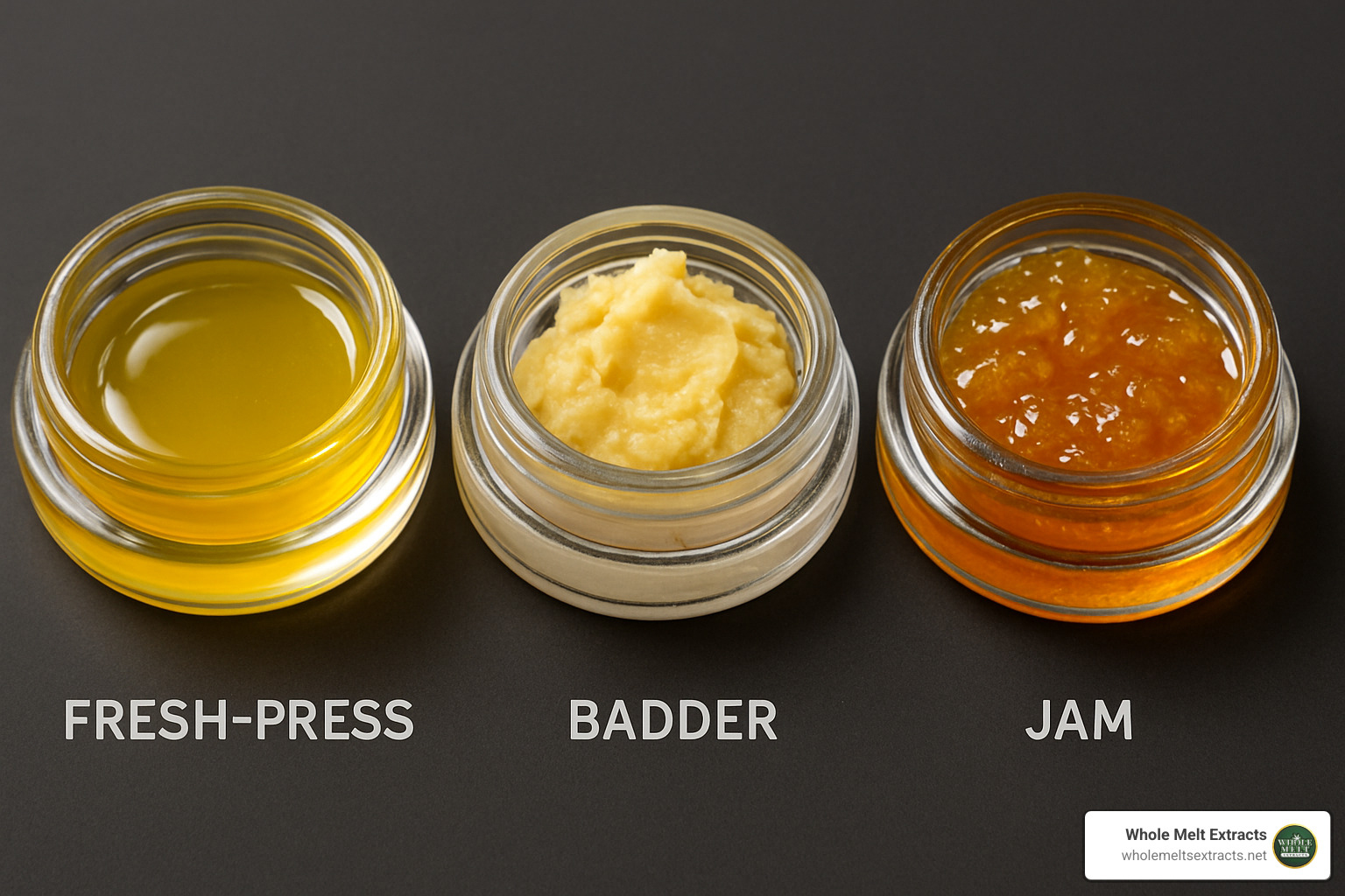 different live rosin consistencies including fresh press, badder, and jam - live rosin