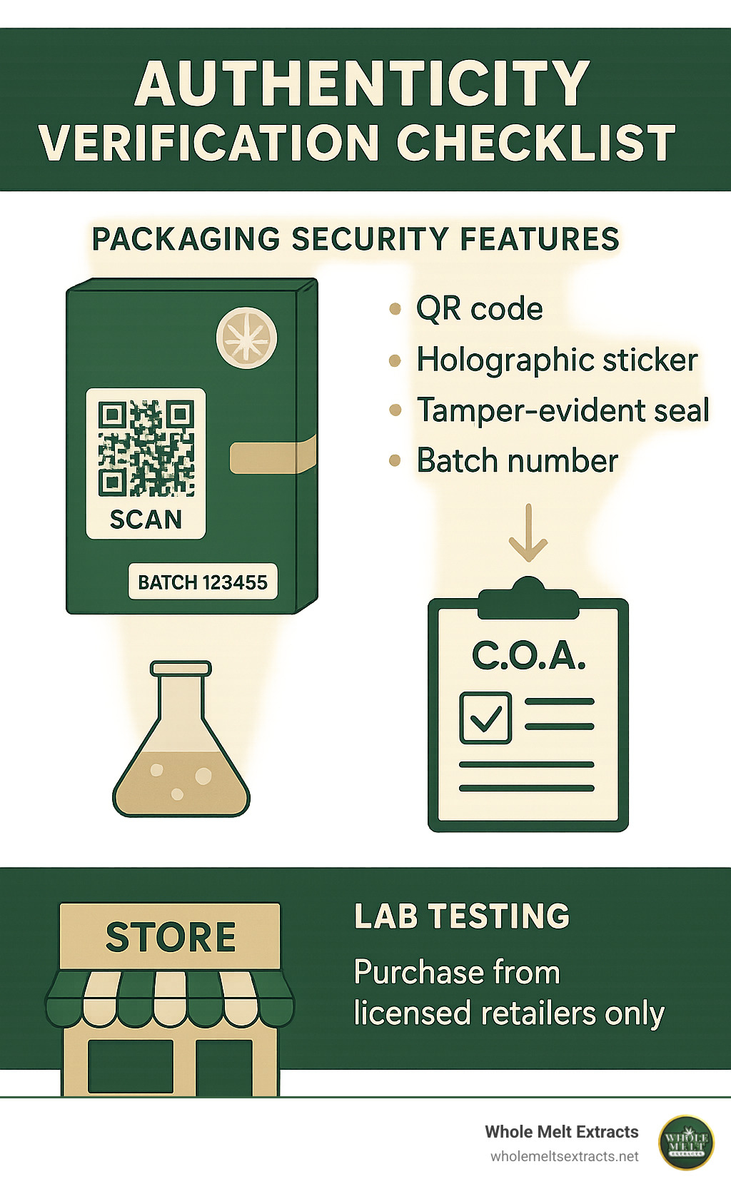 Authenticity verification checklist showing packaging security features, lab testing verification methods, and authorized retailer information - whole melts infographic 