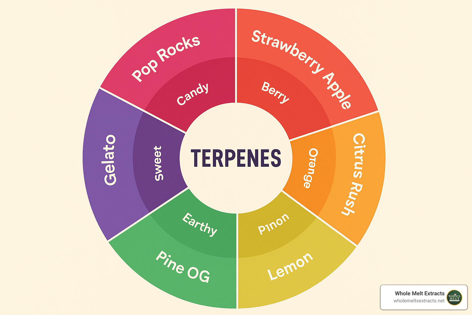 Flavor wheel showing the different terpene profiles of Whole Melt V5 strains - whole melt v5