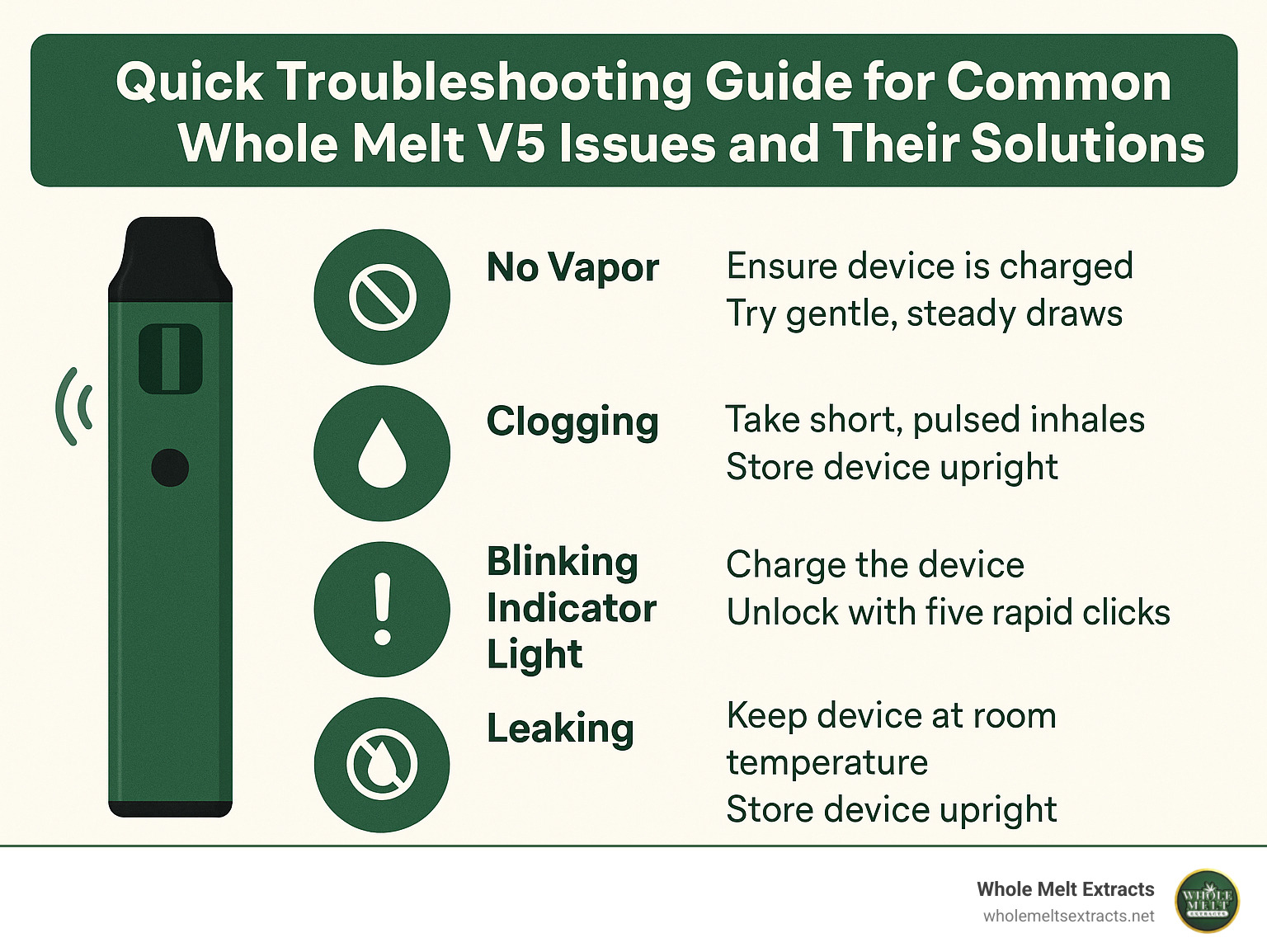 Quick troubleshooting guide for common Whole Melt V5 issues and their solutions - whole melt v5 infographic 