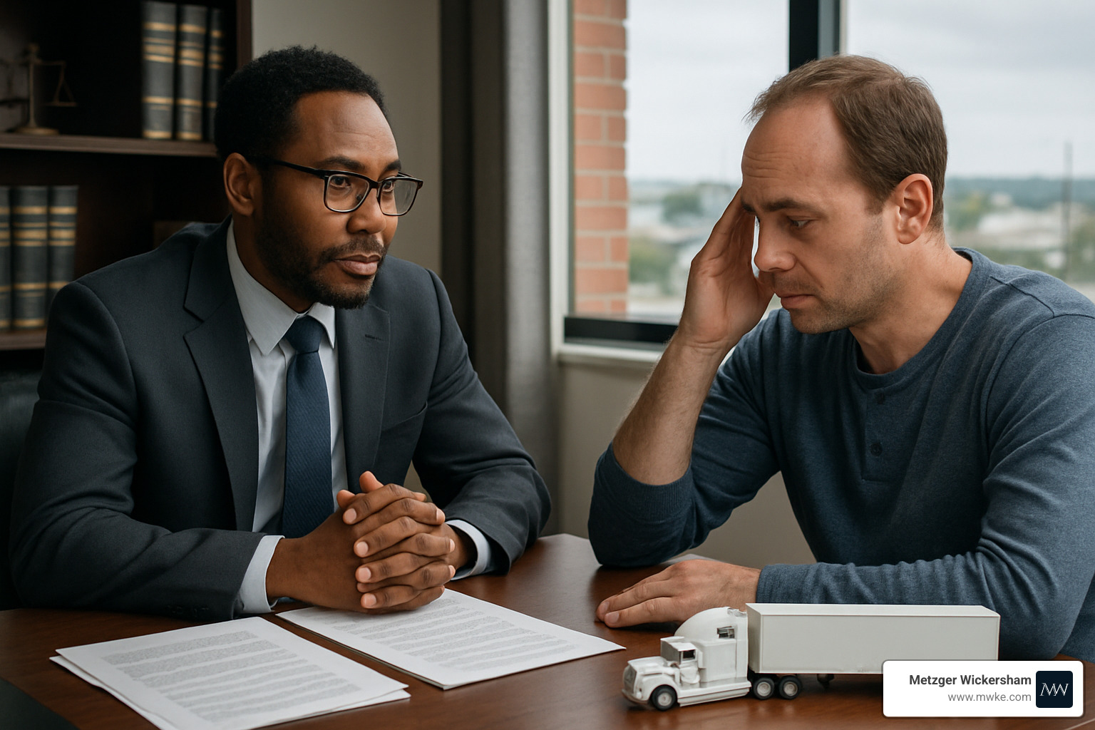 attorney meeting with truck accident client - Trucking accident law firm