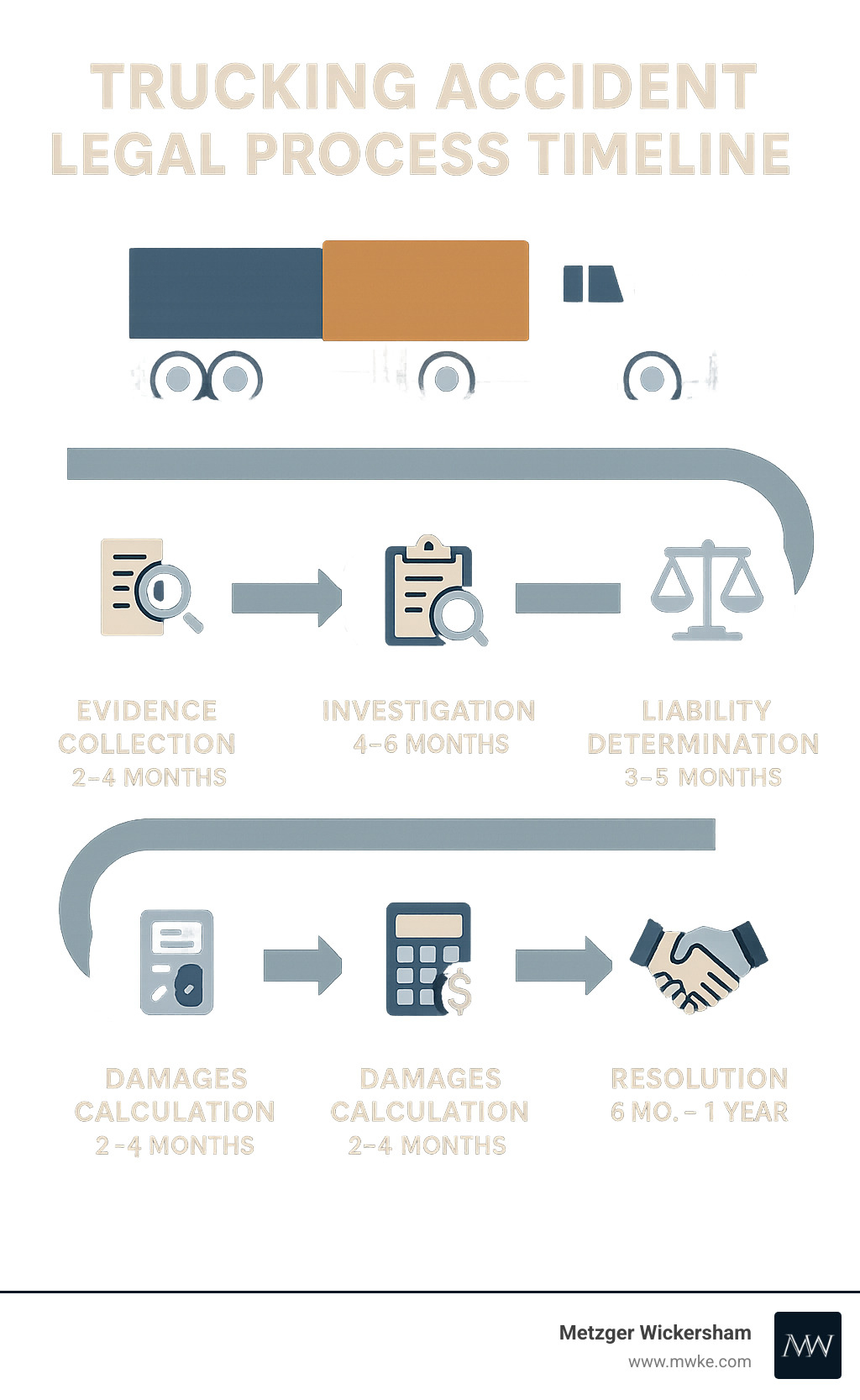 Trucking accident legal process timeline showing evidence collection, investigation, liability determination, damages calculation, and resolution phases with average timeframes for each step - Trucking accident law firm infographic 