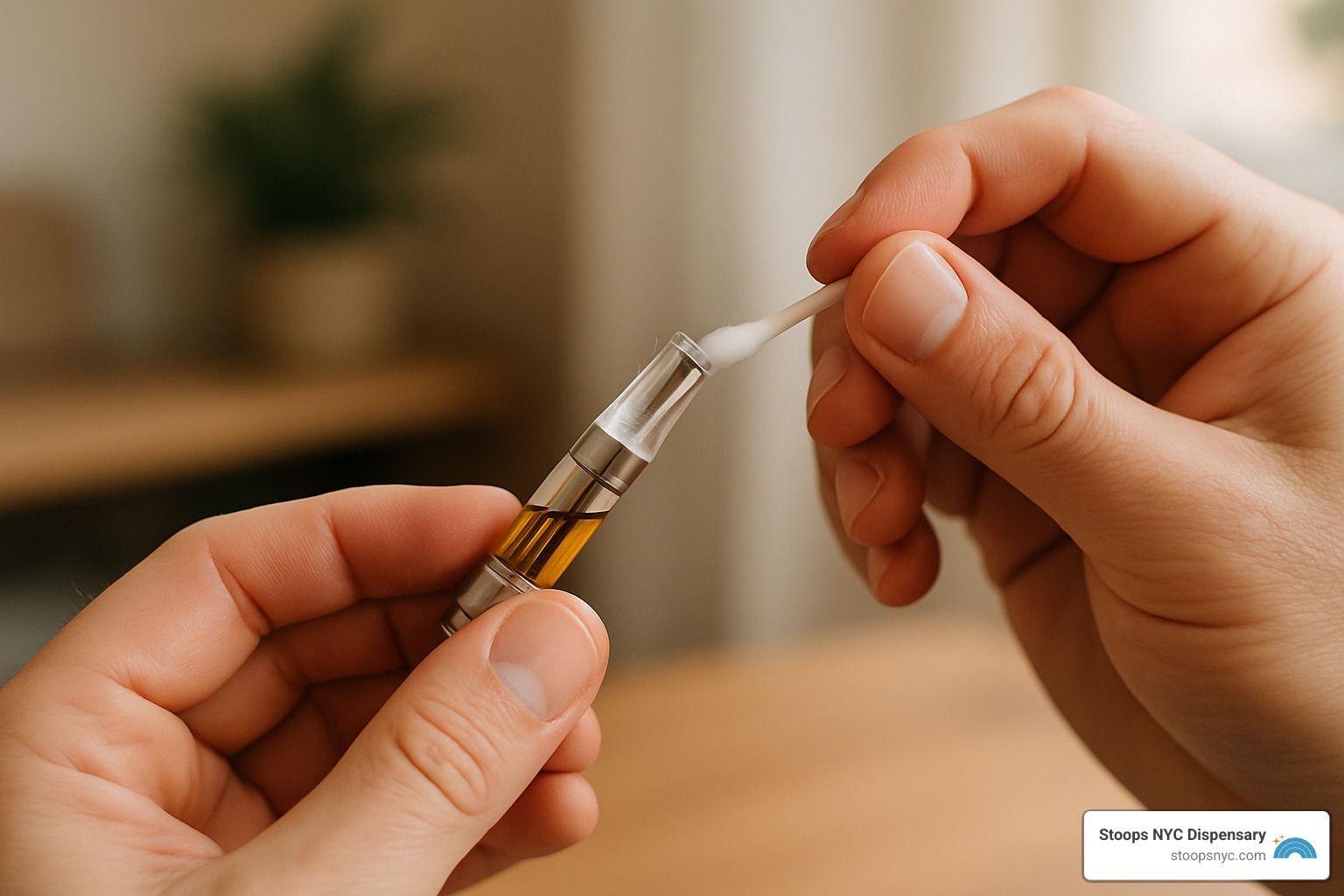 person cleaning a vape cartridge with cotton swab - dap pen carts