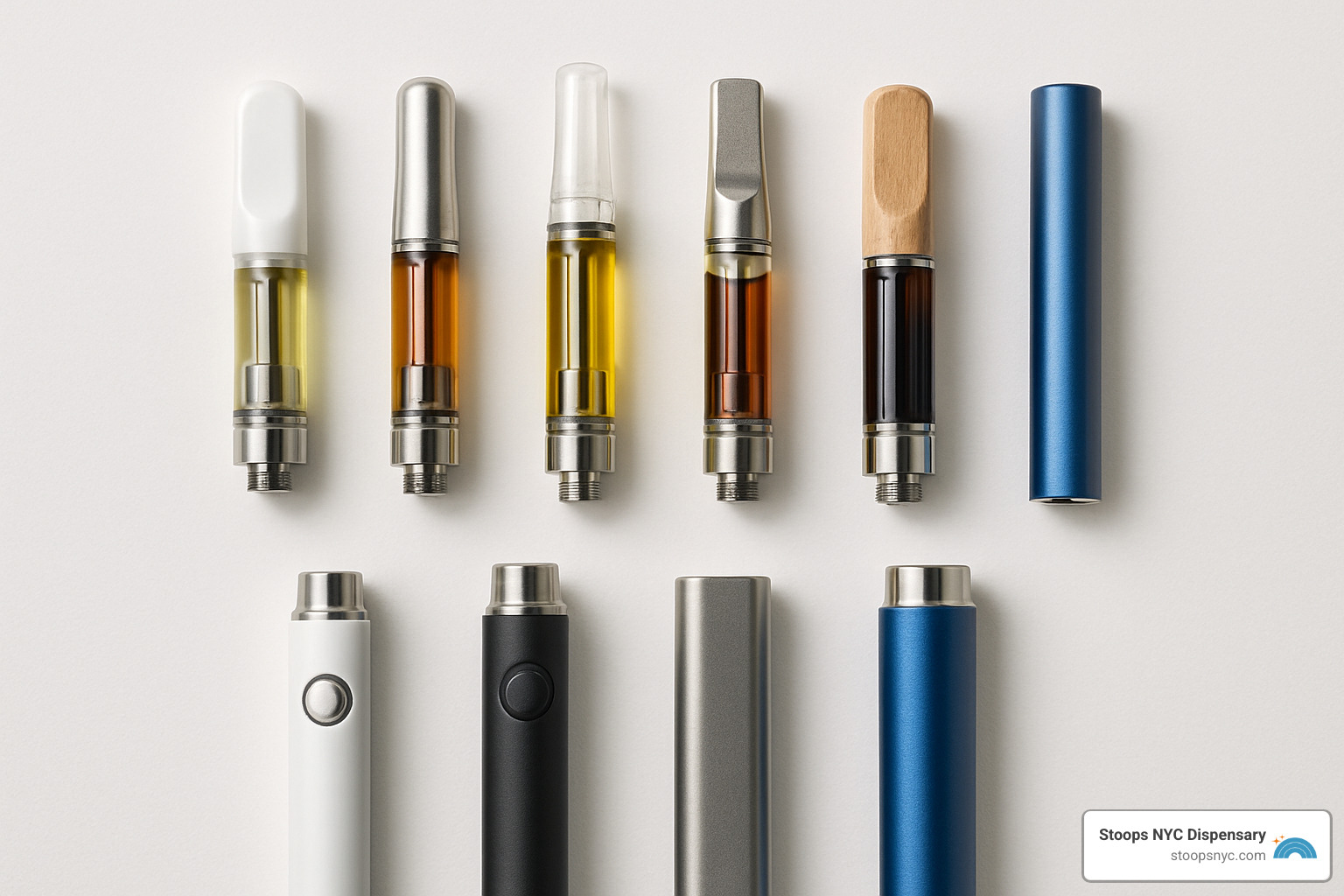 collection of different 510 thread cartridges next to various batteries - dap pen carts