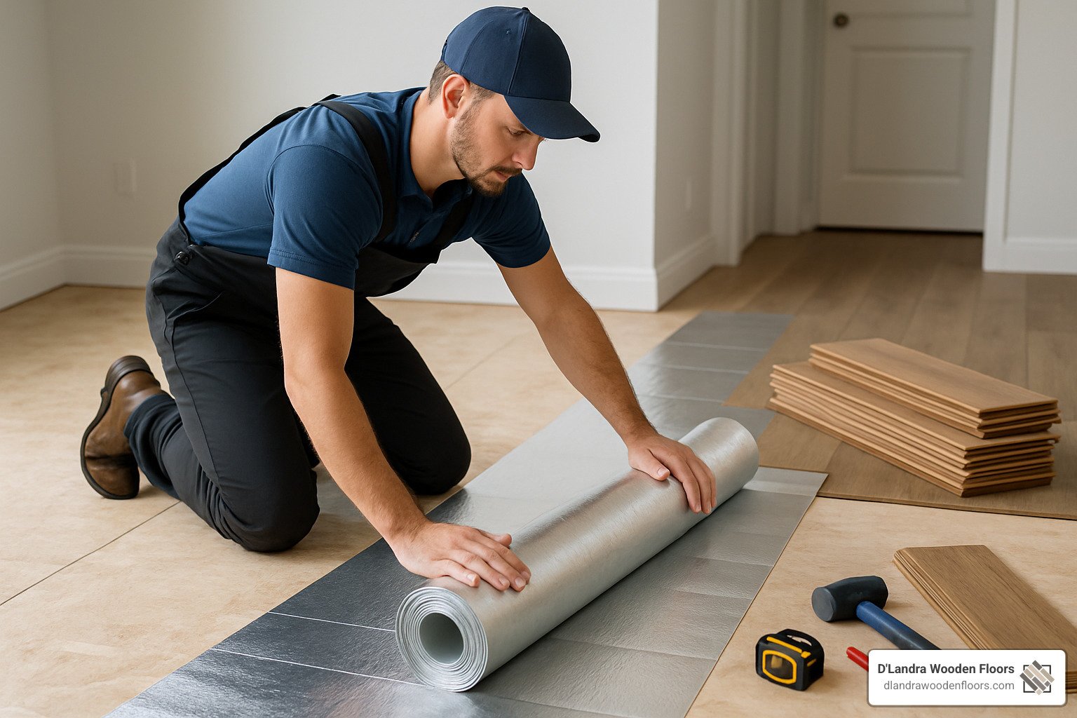 Professional installer laying moisture barrier underlayment - durable flooring solutions