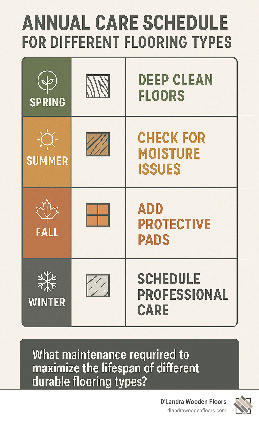 Annual care schedule for different flooring types showing seasonal maintenance tasks - durable flooring solutions infographic 