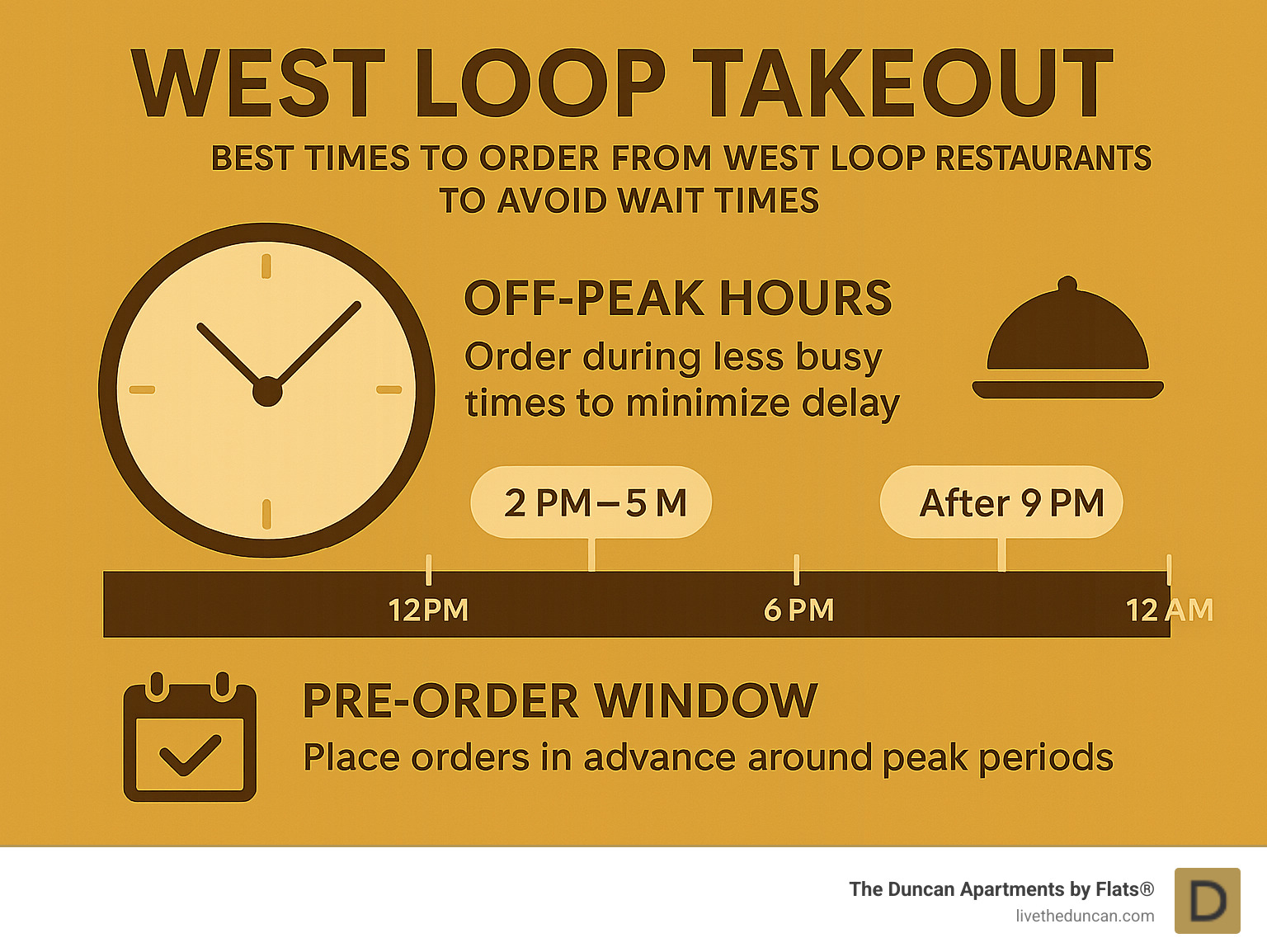 infographic showing best times to order from West Loop restaurants to avoid wait times, including off-peak hours and pre-order windows - west loop takeout infographic infographic showing best times to order from West Loop restaurants to avoid wait times, including off-peak hours and pre-order windows - west loop takeout infographic