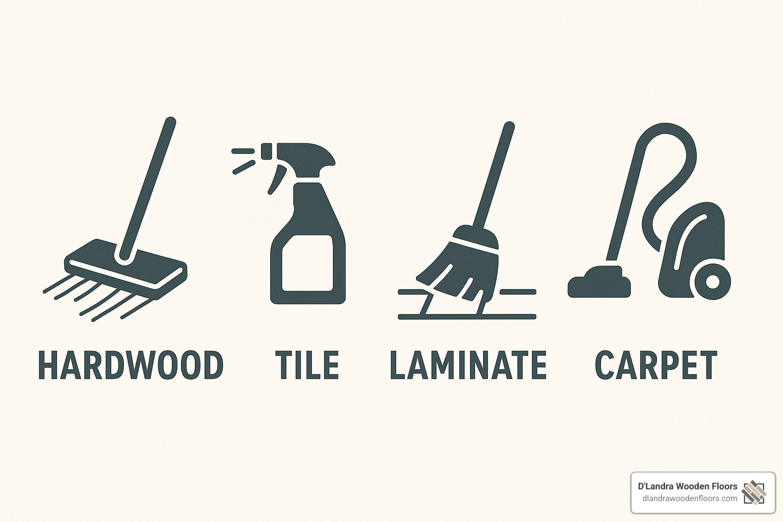 Maintenance icons for different flooring types - durable flooring solutions
