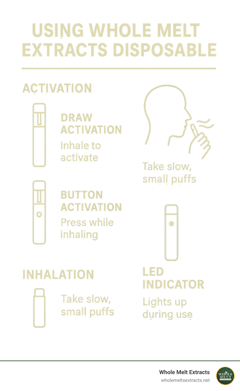 Step-by-step guide showing proper activation technique, inhalation method, and LED indicator meanings - whole melt extracts disposable infographic 