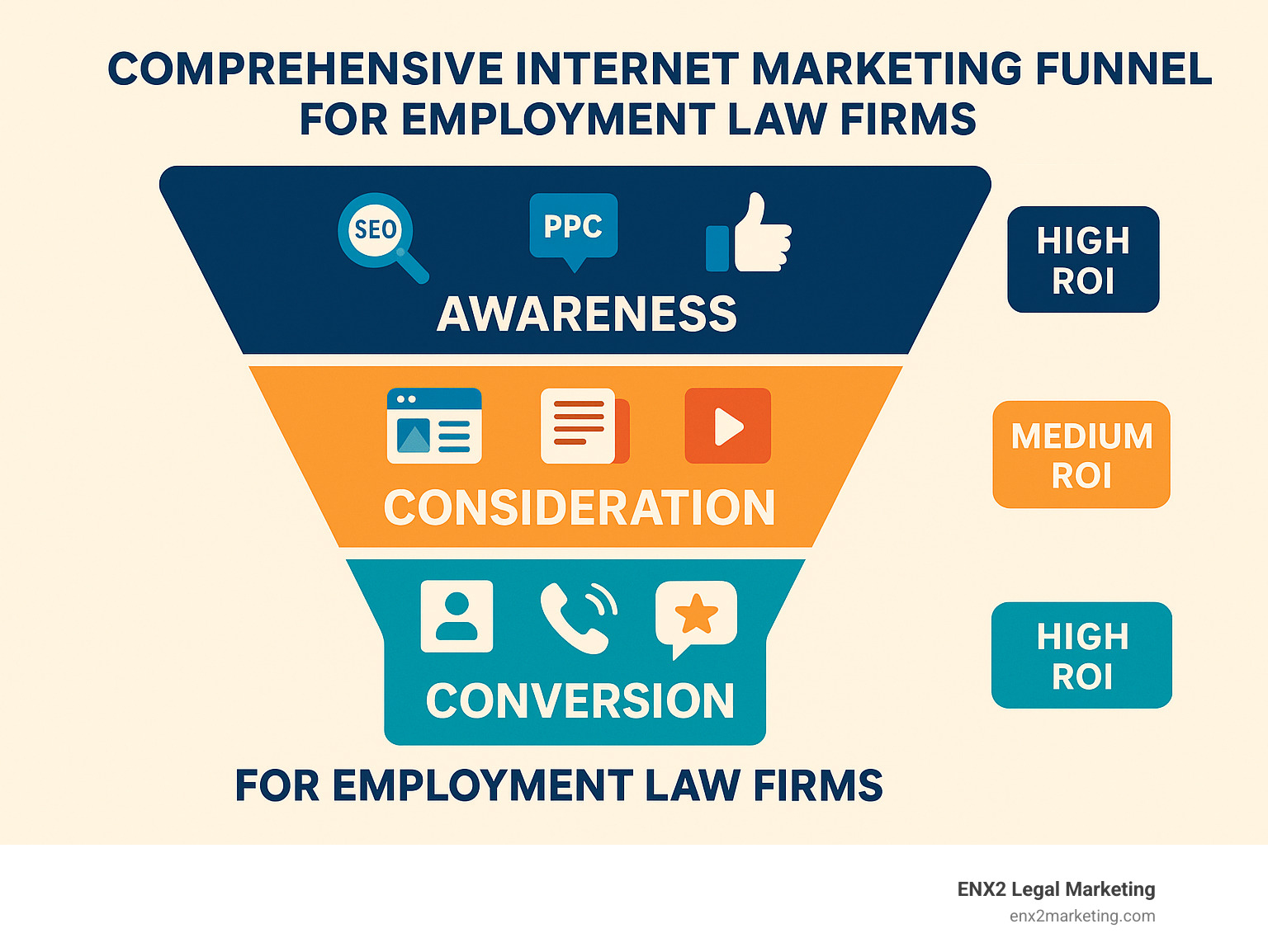 Comprehensive internet marketing funnel for employment law firms showing awareness channels (SEO, PPC, social media), consideration tools (practice area pages, blogs, videos), and conversion elements (contact forms, call tracking, testimonials) with ROI metrics for each stage - internet marketing for employment law firms infographic 