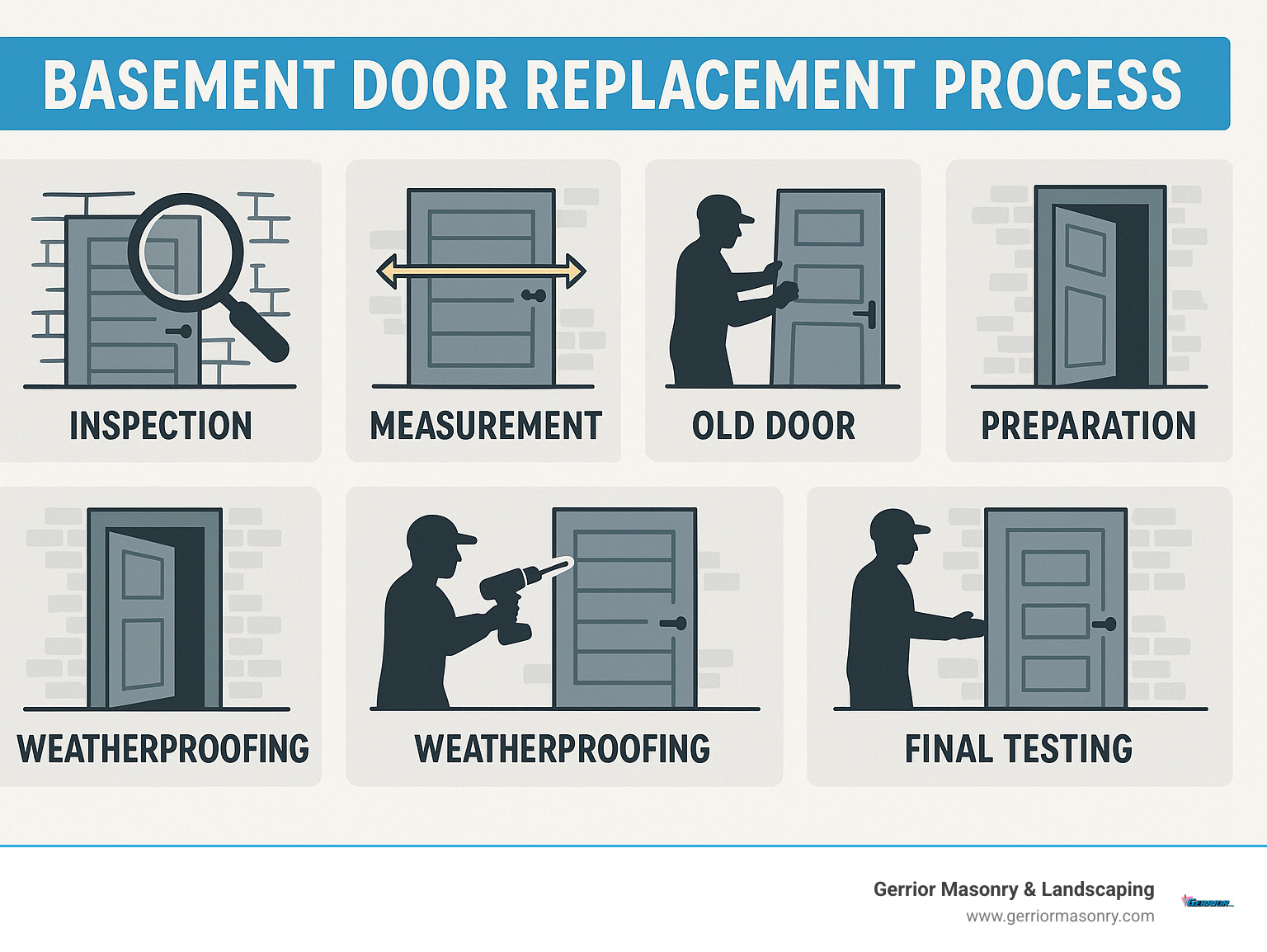 Door-to-Door Service: Basement Door Replacement Contractors Near You 1 Basement door replacement process showing inspection, measurement, old door removal, preparation, installation, weatherproofing, and final testing - basement door replacement near me infographic