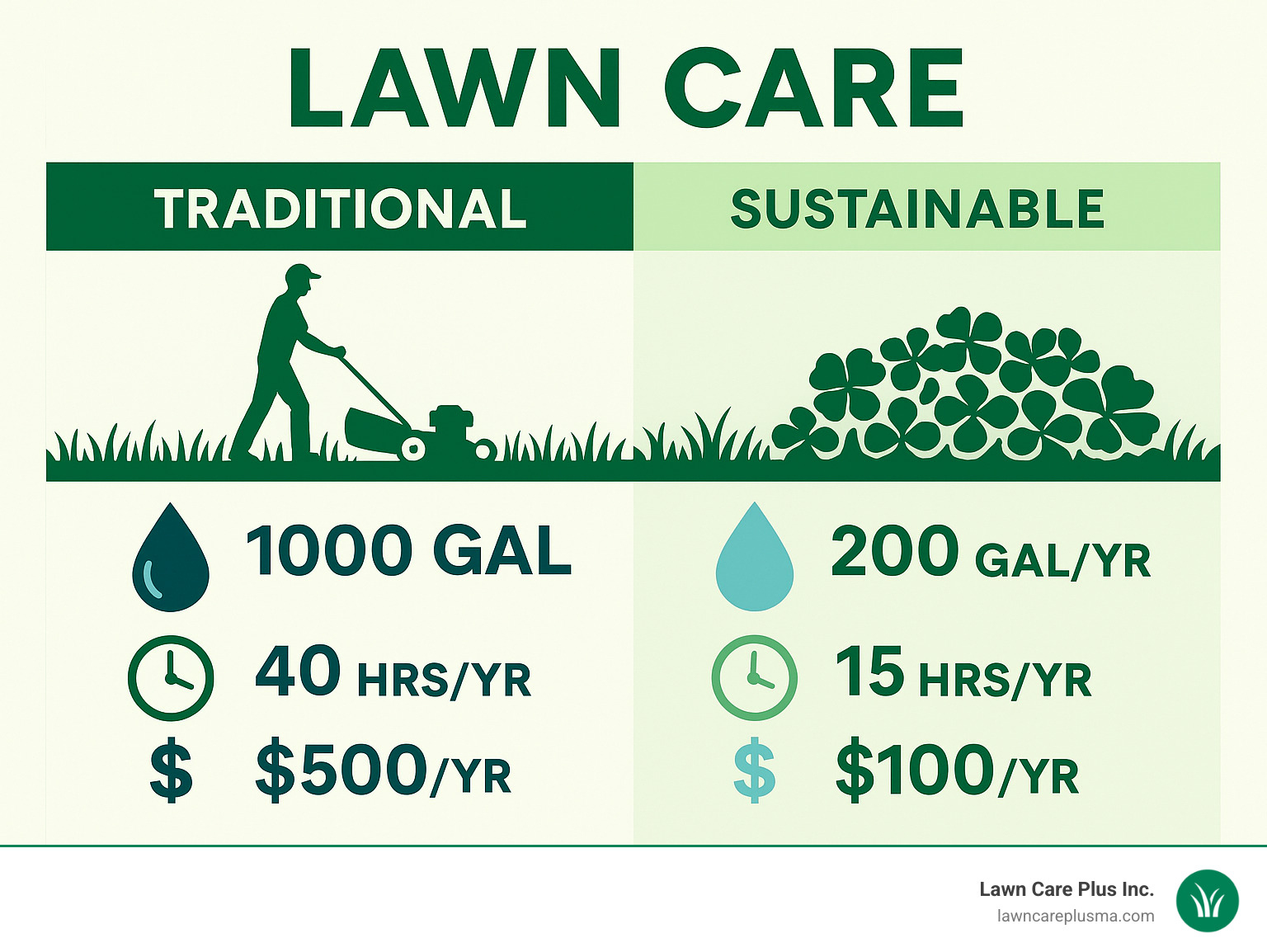 Infographic comparing water usage, maintenance hours, and annual costs between traditional and sustainable lawn care approaches - Lawn Care infographic