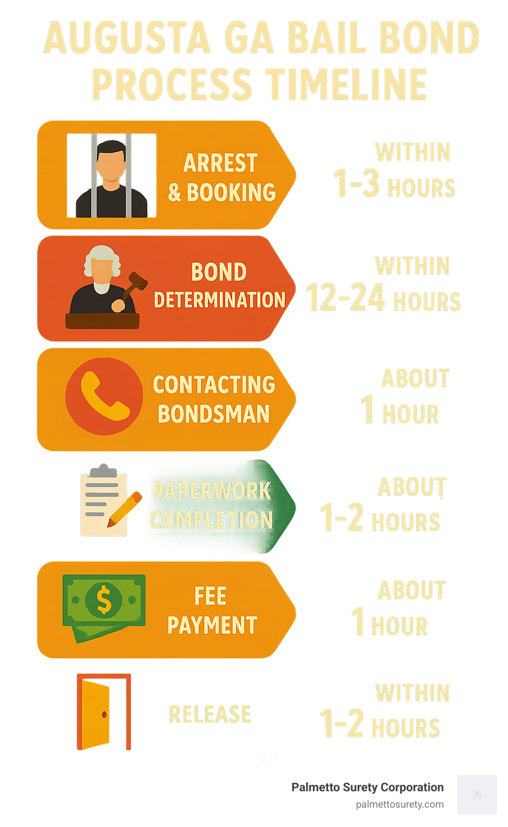 Augusta ga bail bond process timeline showing arrest booking, bond determination, contacting bondsman, paperwork completion, fee payment, and release steps with average timeframes - bail bonds augusta ga infographic