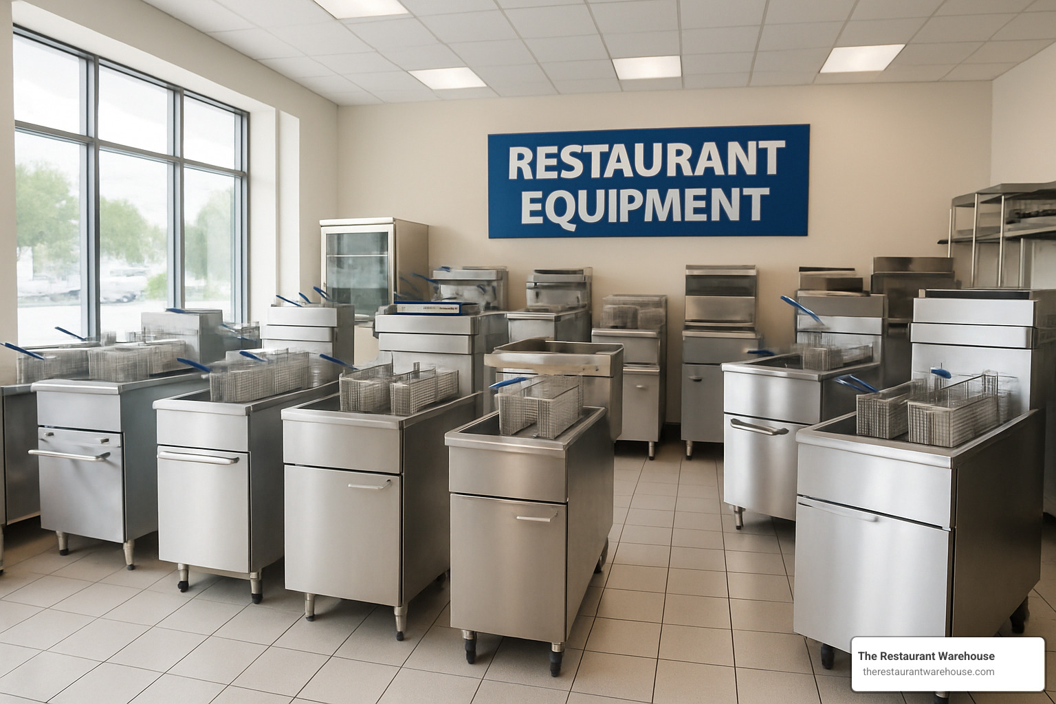 assorted commercial fryers on showroom floor - commercial deep fryers