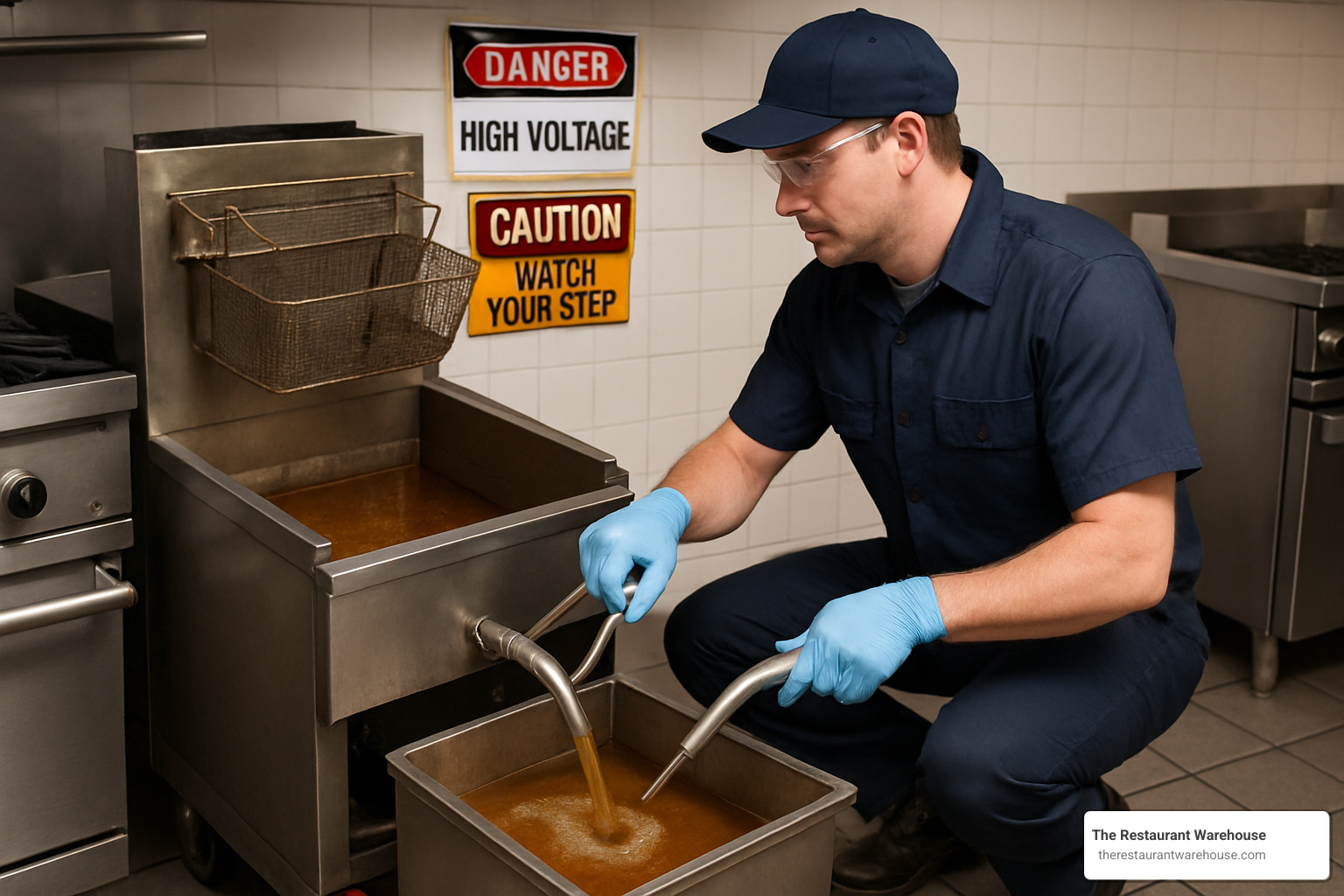 technician filtering fryer oil - commercial deep fryers