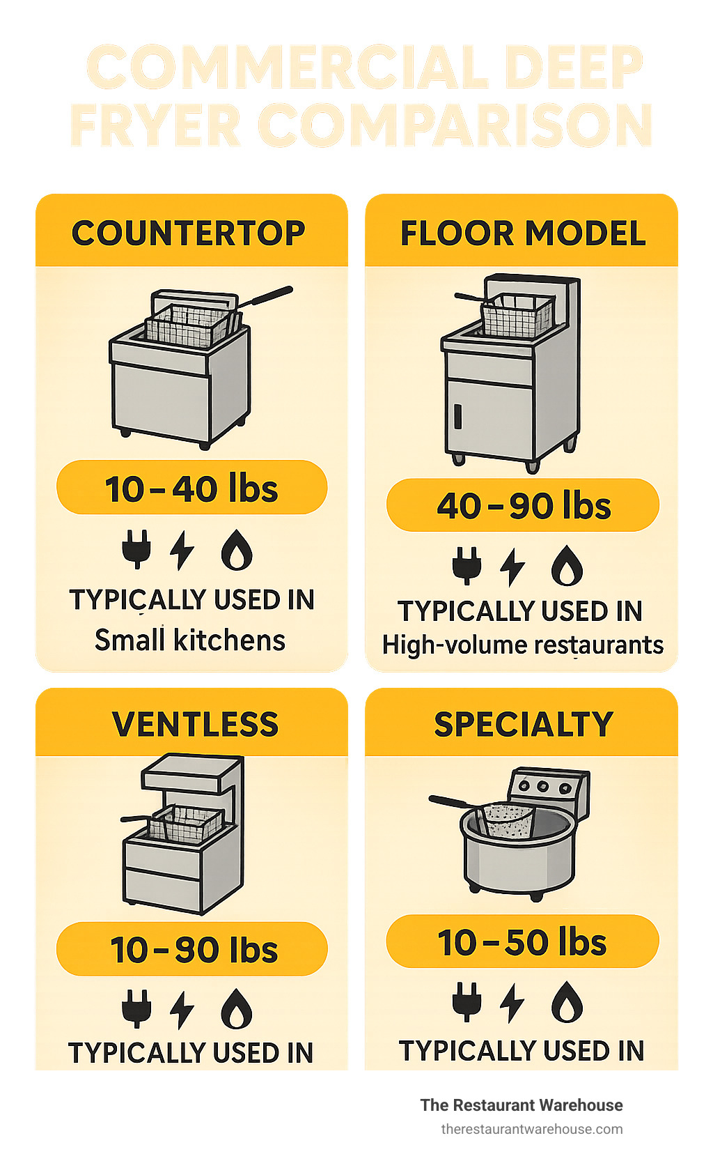 Commercial deep fryer comparison showing different types (countertop, floor model, ventless, specialty), their oil capacities (10-90 lbs), power sources (electric vs gas), and typical applications (small kitchens, high-volume restaurants, hoodless locations, specialty foods) - commercial deep fryers infographic 