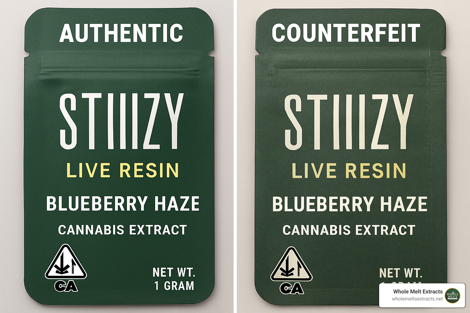 Comparison of authentic and counterfeit cannabis extract packaging - whole melt extracts real or fake Comparison of authentic and counterfeit cannabis extract packaging - whole melt extracts real or fake