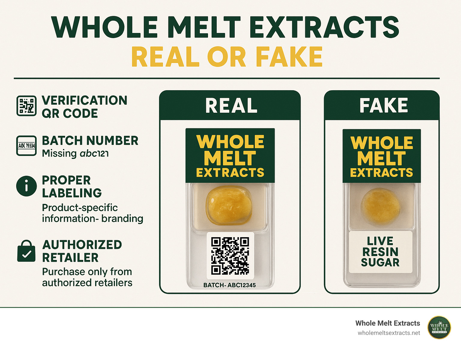 Infographic showing authentication steps for Whole Melt Extracts with side-by-side comparison of real vs fake packaging, highlighting verification QR codes, batch numbers, proper labeling, and authorized retailer information - whole melt extracts real or fake infographic Infographic showing authentication steps for Whole Melt Extracts with side-by-side comparison of real vs fake packaging, highlighting verification QR codes, batch numbers, proper labeling, and authorized retailer information - whole melt extracts real or fake infographic