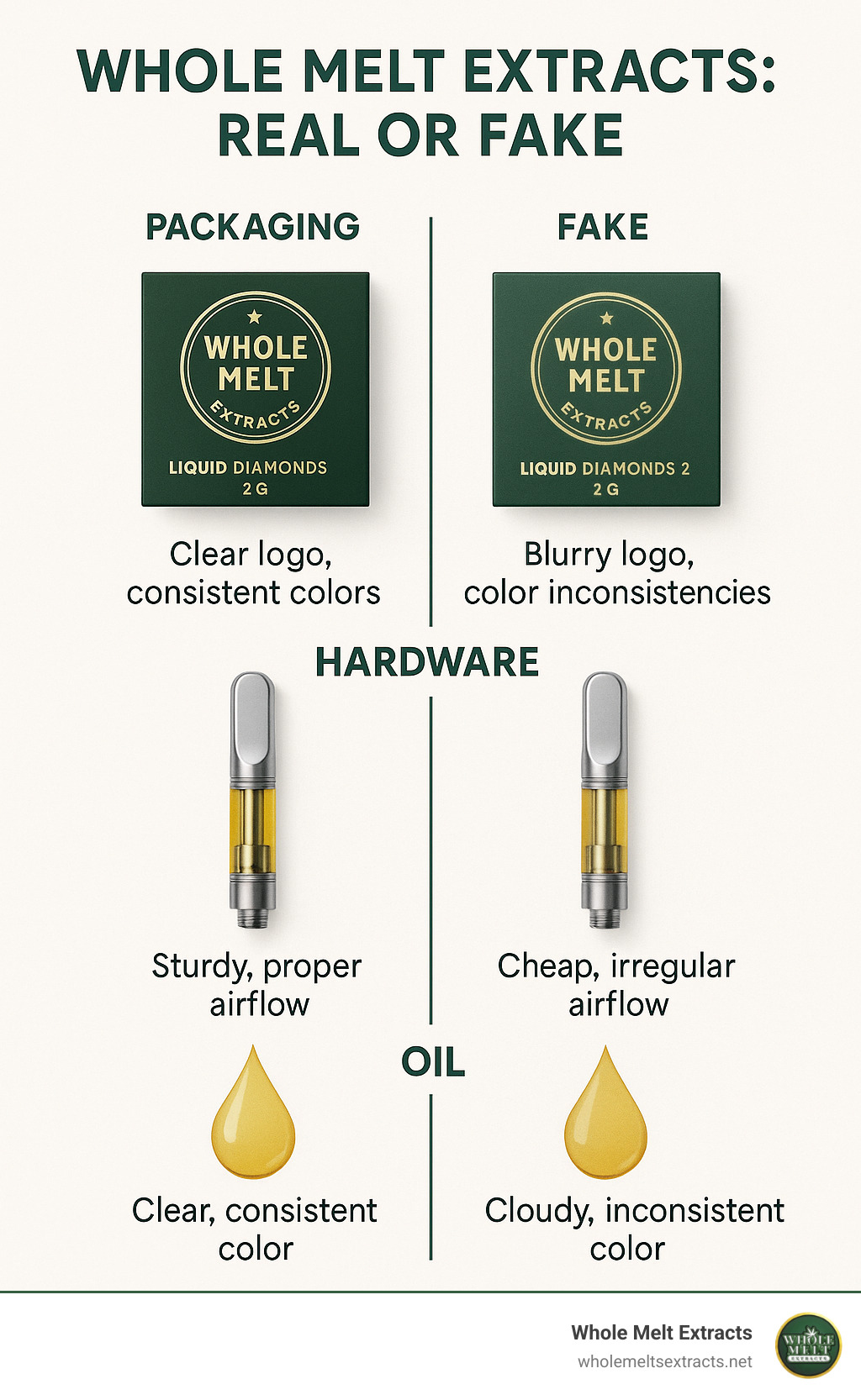 Infographic showing visual differences between real and fake Whole Melt Extract products, including packaging details, hardware components, and oil characteristics - whole melt extracts real or fake infographic Infographic showing visual differences between real and fake Whole Melt Extract products, including packaging details, hardware components, and oil characteristics - whole melt extracts real or fake infographic