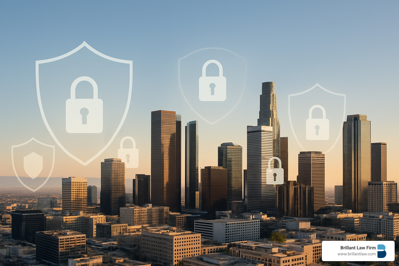 California skyline with secure businesses protected by legal risk management - Business risk management lawyer
