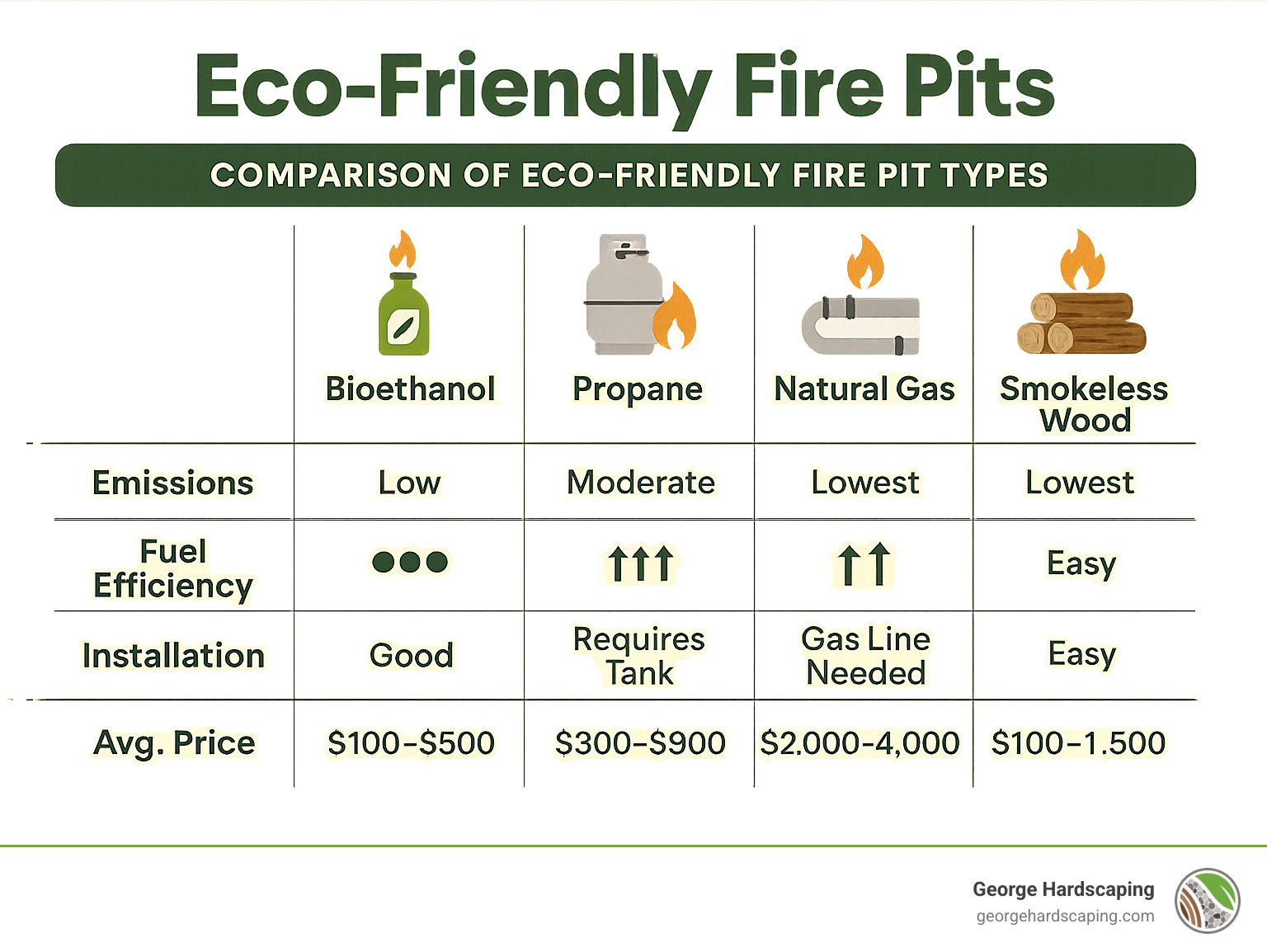 Comparison of eco-friendly fire pit types showing bioethanol, propane, natural gas, and smokeless wood systems with their respective emission levels, fuel efficiency, installation requirements, and average price ranges - Eco-friendly fire pits infographic 