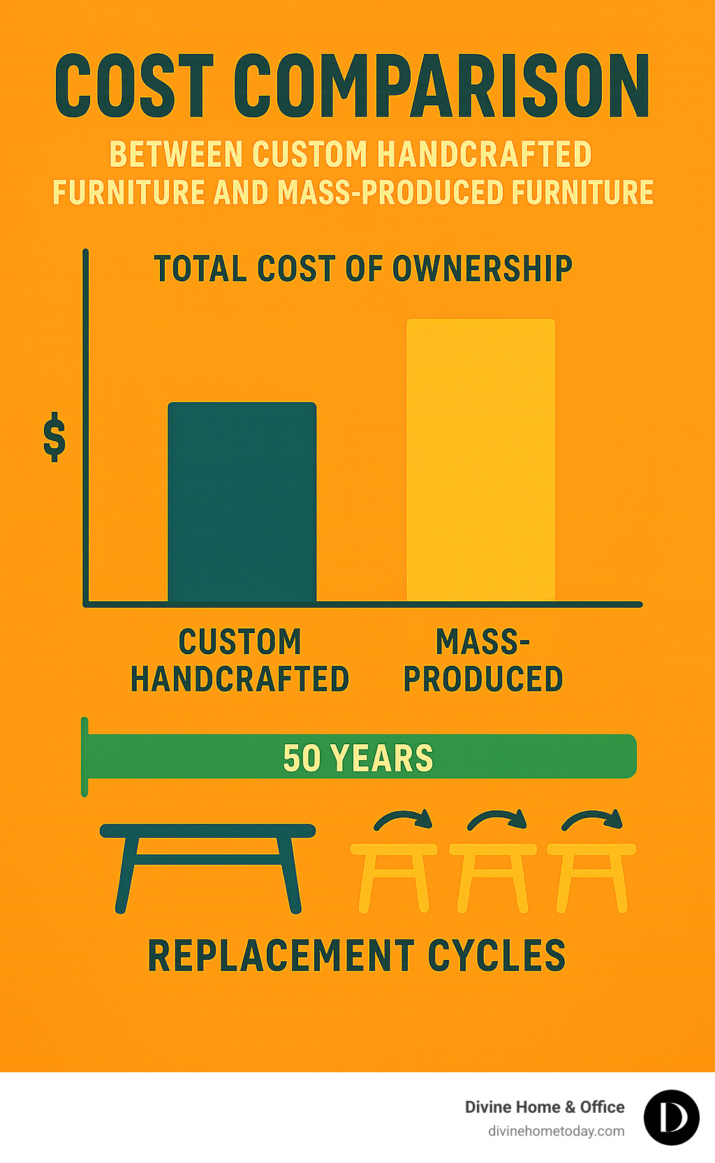 Cost comparison between custom handcrafted furniture and mass-produced furniture over a 50-year period, showing the total cost of ownership and replacement cycles - custom handcrafted furniture infographic 