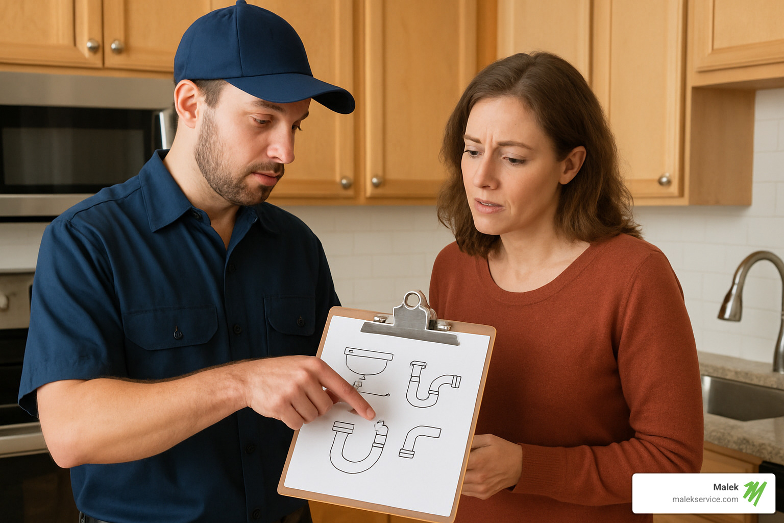 plumber explaining repair options to homeowner - Emergency plumbing College Station