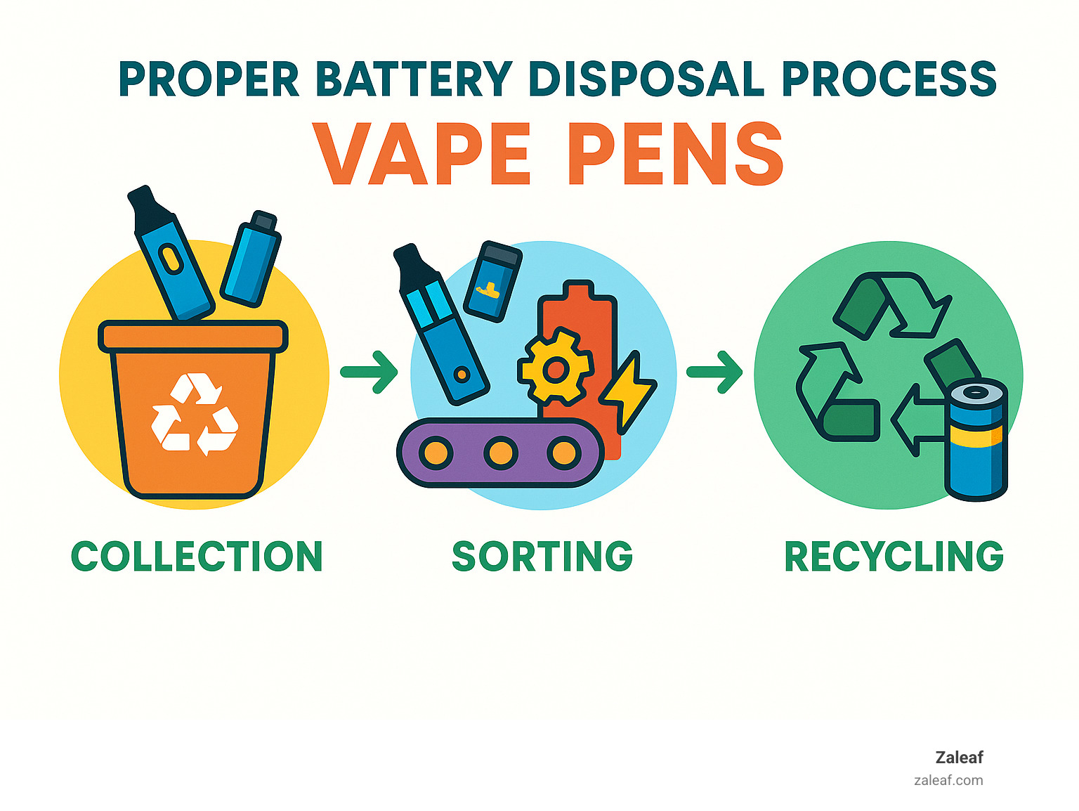 Infographic showing the proper battery disposal process for vape pens, including collection, sorting, material recovery, and recycling - Long-lasting vape pens infographic 