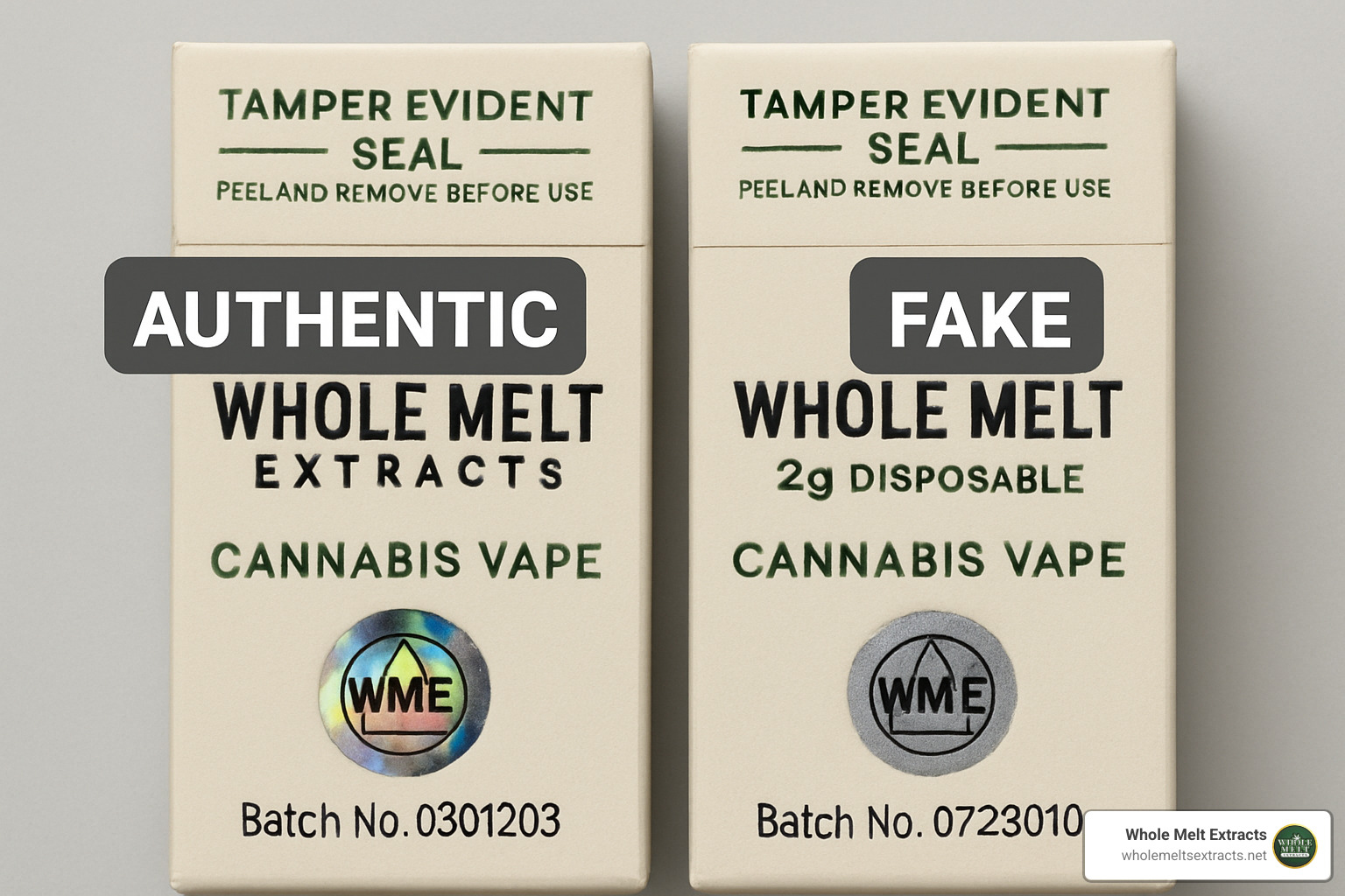 Comparison of authentic vs counterfeit Whole Melt Extracts packaging - whole melt extracts 2g disposable real or fake